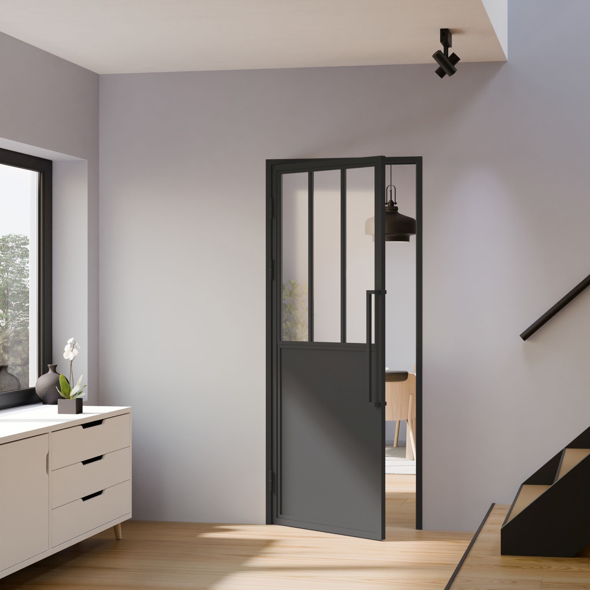 inova wohnen Zimmertür Stahltür Schwarz mit Klarglas Einsatz (Komplett Set, inkl. Türzarge schwarz und Griffstange), Größenauswahl, Loftstyle