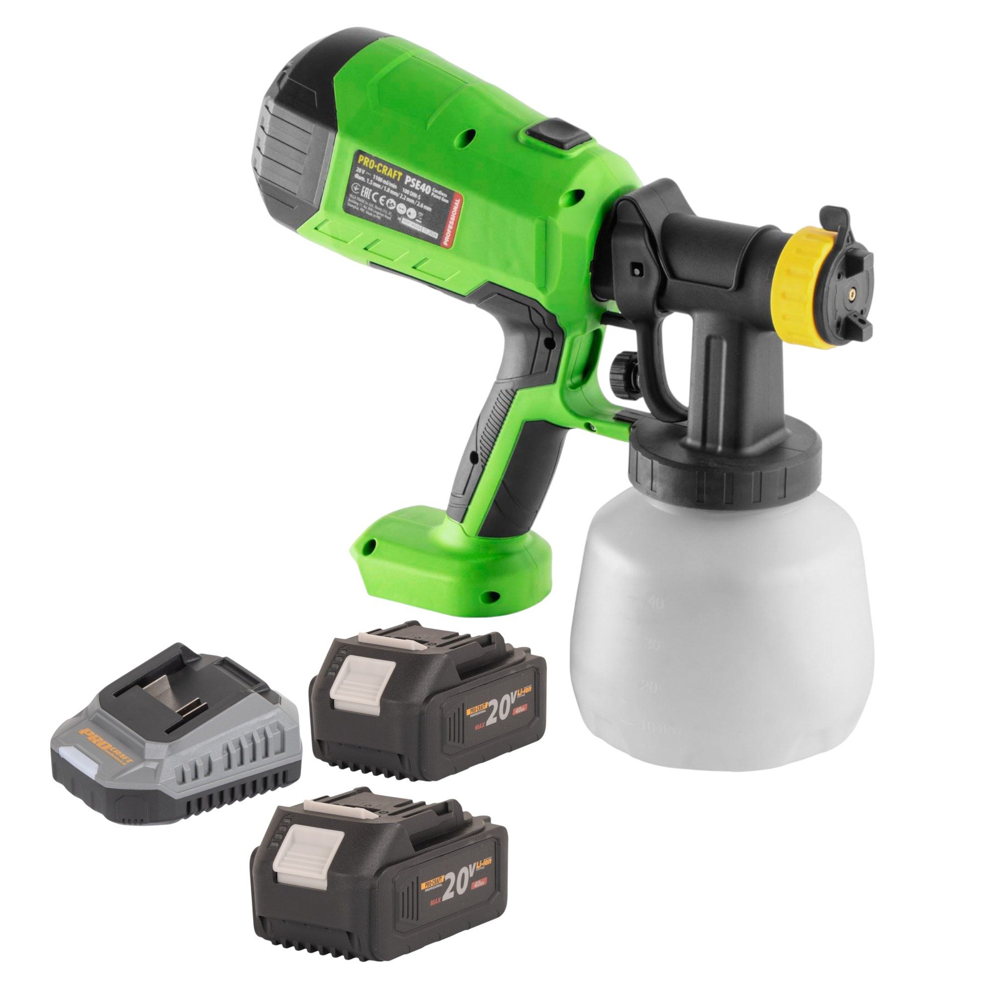 PRO CRAFT Farbsprühgerät PSE40bb Akku Farbspritzpistole 20 V + 2x Akku 4,0 Ah + Ladegerät