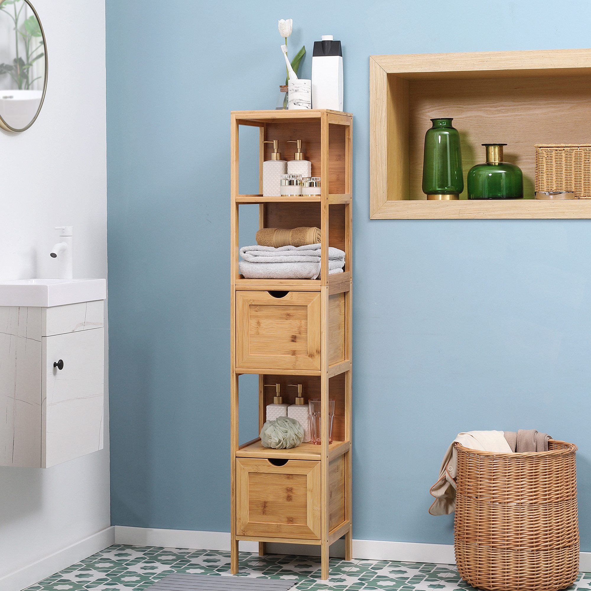Kleankin Badkommode Beistellschrank Aufbewahrungsschrank mit 2 Schubladen, 3 Ablagen (Badschrank, 1 St., Badezimmerschrank), Naturholz, 30 x 30 x 140 cm