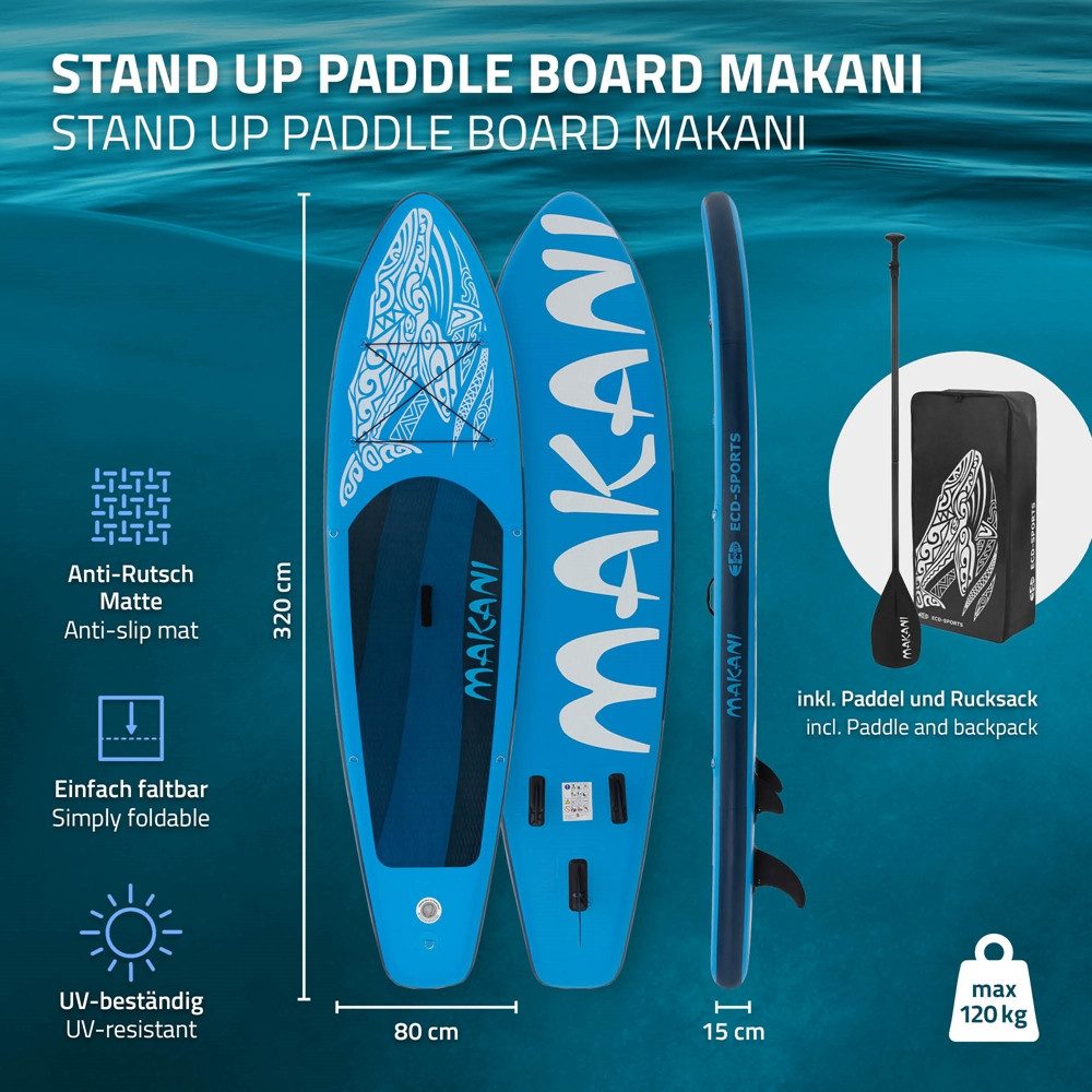 ECD Germany SUP-Board Stand Up Paddle Board aus PVC Paddelboard Paddling Board, Stand-Up Paddle-Board, SUP Board 320x80x15 cm 120 kg Traglast rutschfest blau inkl Zubehör