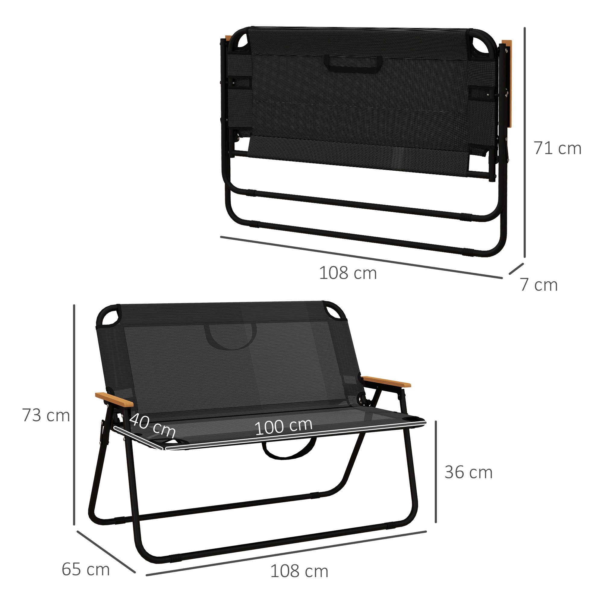 Outsunny Campingstuhl Sitzbank Klappbare 2-Sitzer Campingbank Klappbank bis 220 kg belastbar (Gartenbank, 1 St), für Camping, Terrasse, Mesh, Schwarz, 108 x 65 x 73 cm