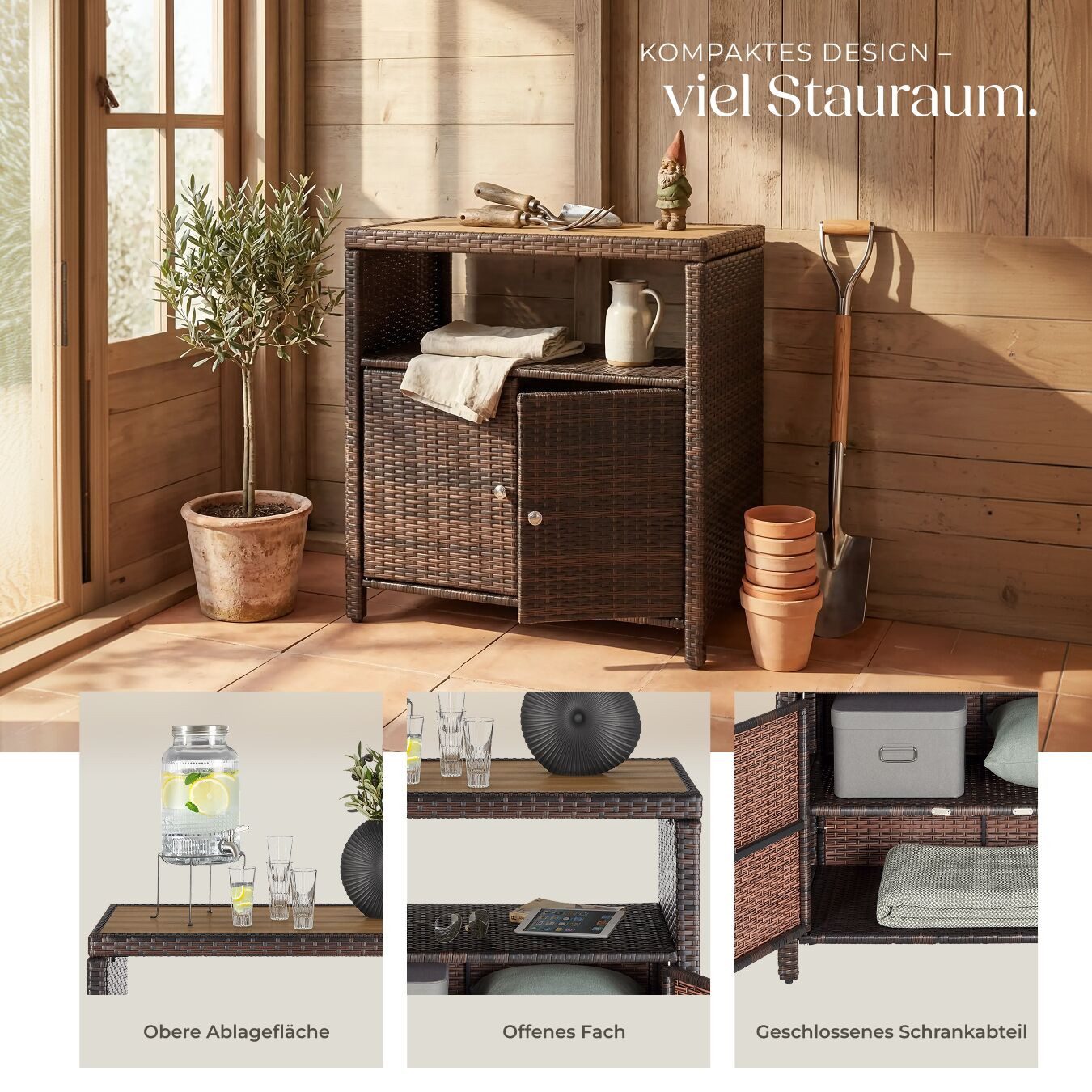 tectake Geräteschrank Rattan WPC-Schrank Monscia - wetterfest und langlebig (GartenschrankMontagematerialMontageanleitung, 1-St., 1 St) mit Magnetverschluss und Stahlgestell