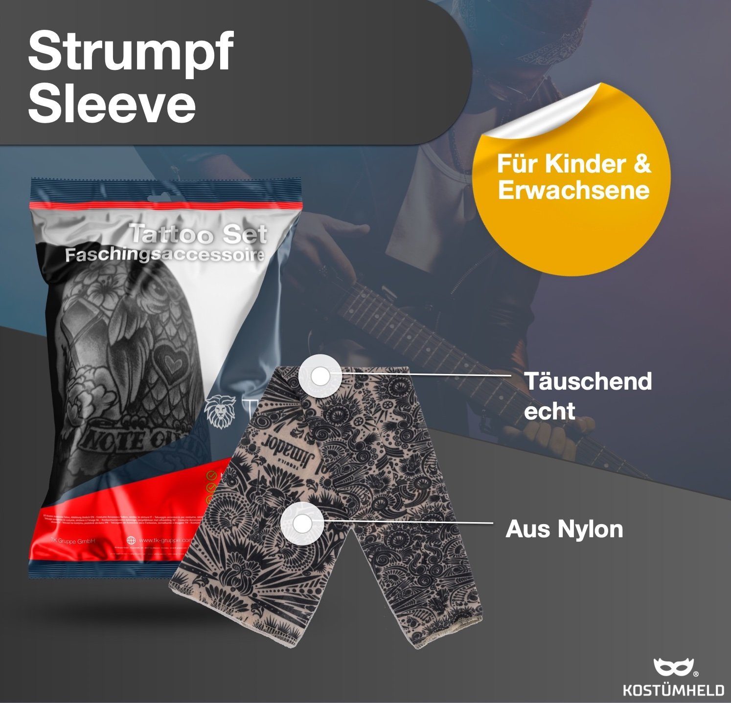 Kostümheld® Kostüm 5x Tattoo Ärmel Nylon Tattoo Sleeve Armstrumpf - Fasching / Halloween, Schnell überzuziehen