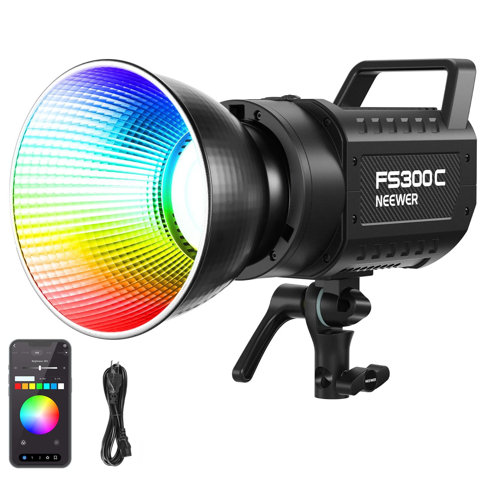 Neewer Videoleuchte FS300C 300W RGB LED Videolicht, mit APP/2.4G Steuerung, Bowens Mount, 17 Effekte, 29000lux/1m, COB Dauerlicht für Studiofotografie