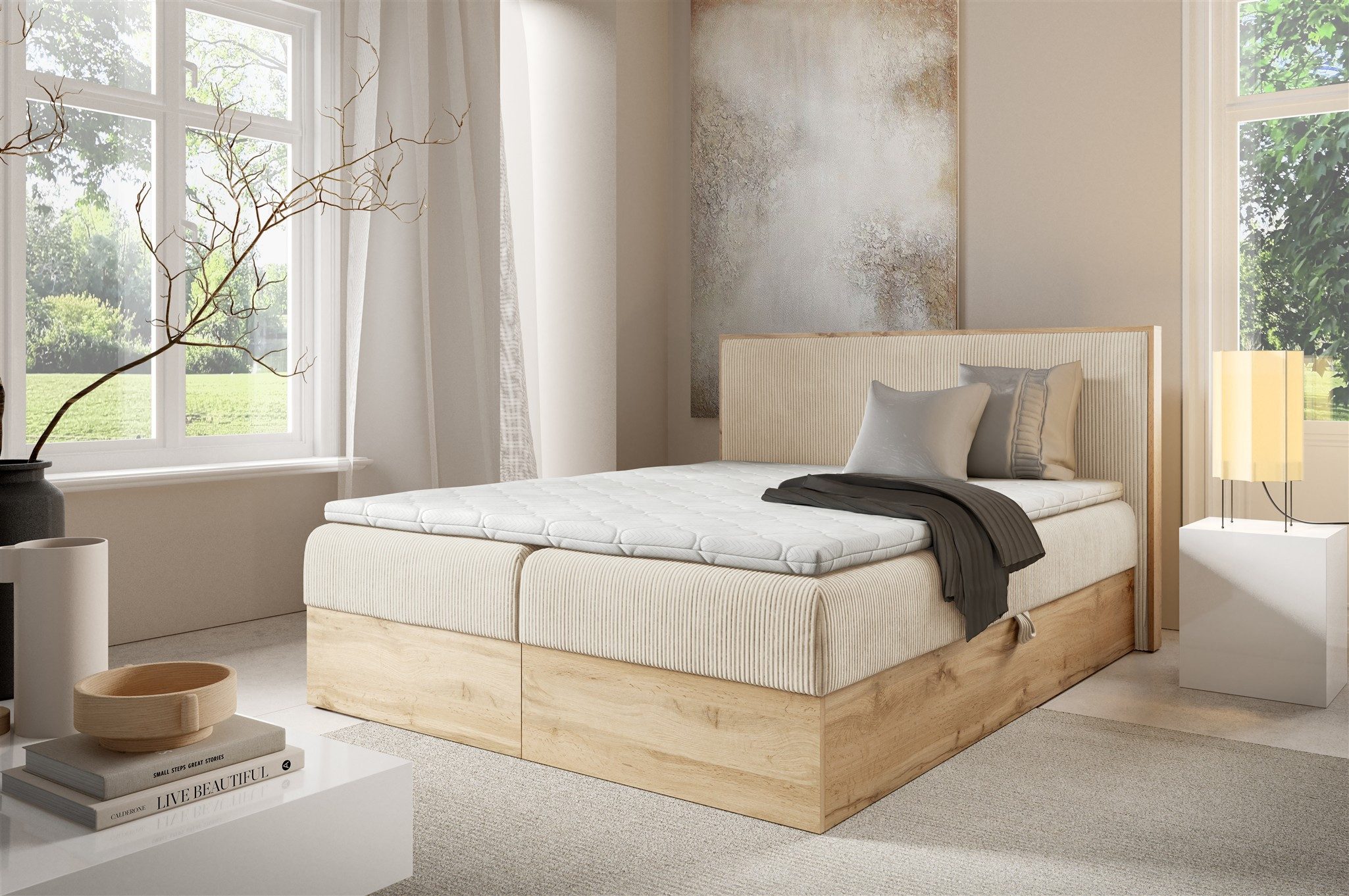 Fun Möbel Boxbett Bett Schlafzimmerbett ROLAND PREMIUM Überlänge in Stoff Lincoln (mit Taschenfederkernmatratze), inkl. Bettkästen