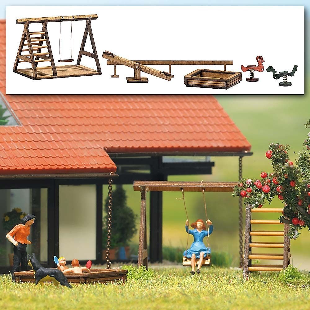 Busch Modelleisenbahn-Baustelle Busch H0 1485 Ausgestaltungs-Set "Spielplatz" aus Echtholz 1:87