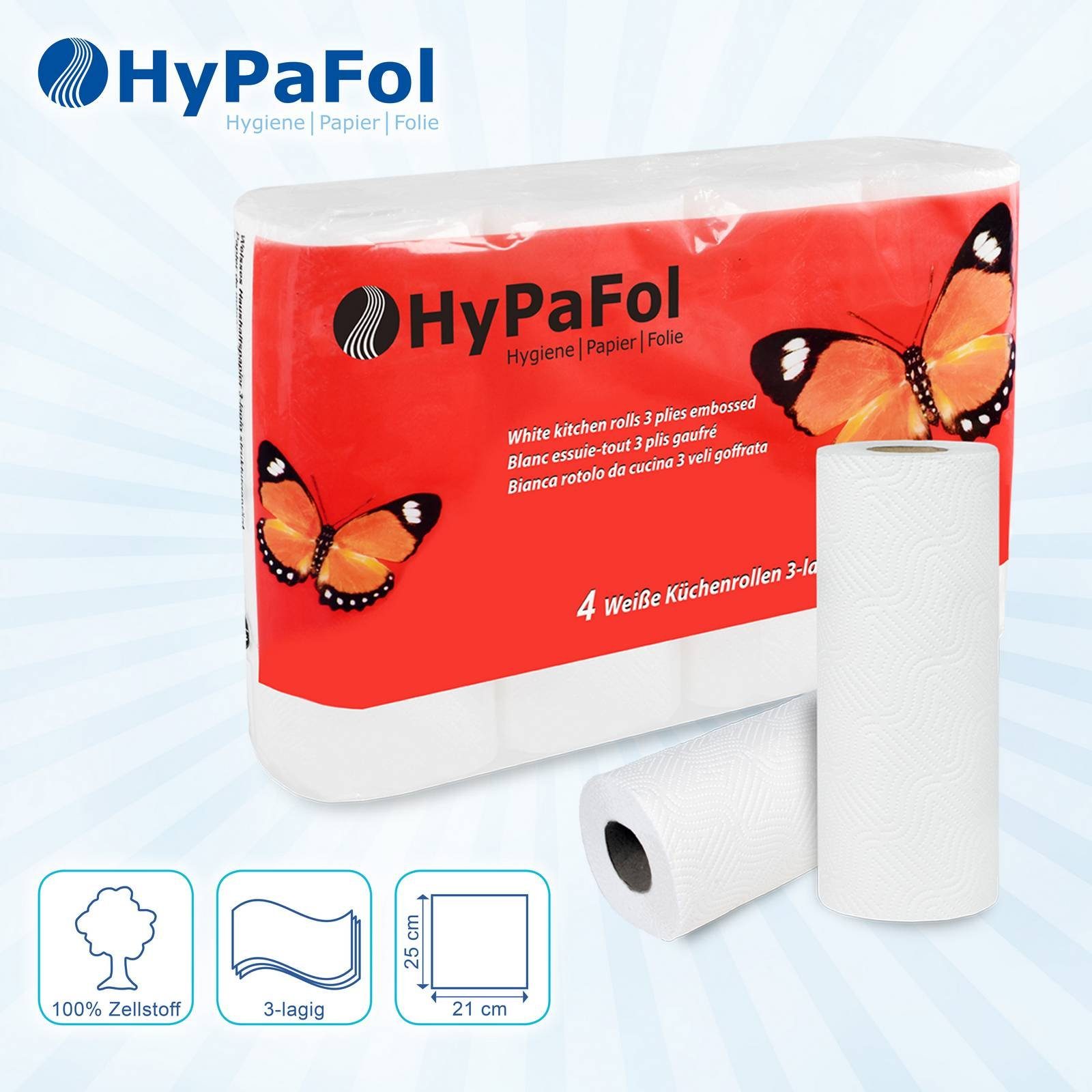 Hypafol Papierküchenrolle 100% Zellstoff, 3-lagig, 45 Blatt, weiß, 48 Rollen, Großhandelspack (48-St)