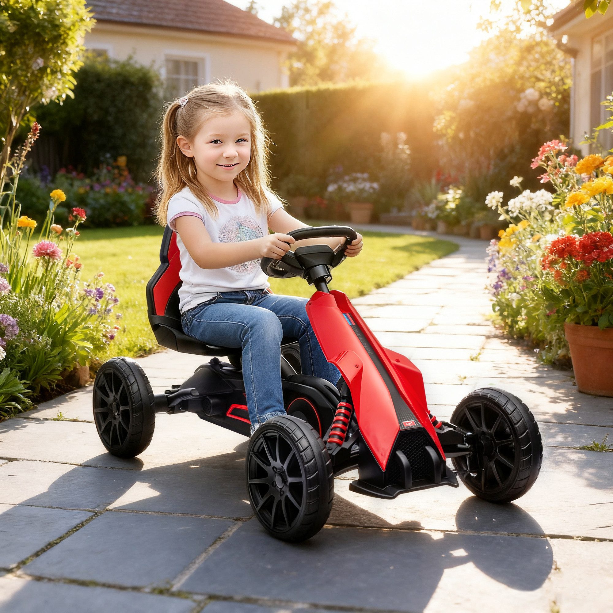HOMCOM Go-Kart Kinderfahrzeug mit verstellbarem Sitz, Tretauto, Outdoor, für Kinder, Rot