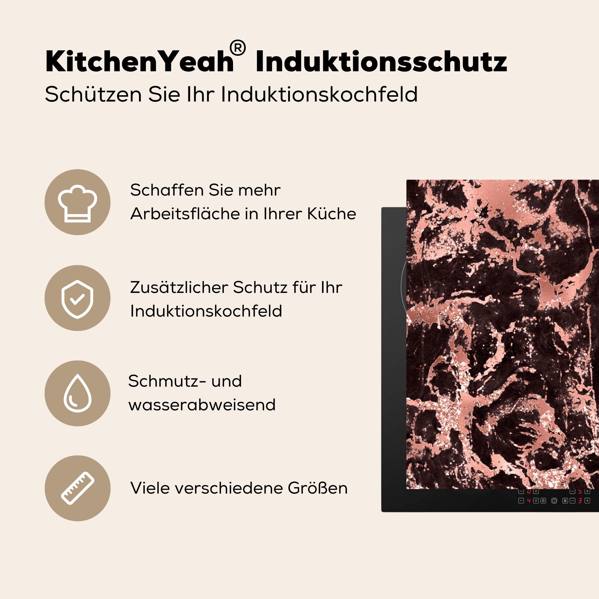 Roségold - Vinyl, MuchoWow Induktionsschutz, Induktionskochfeld, cm, Ceranfeldabdeckung - Herdblende-/Abdeckplatte Steine, tlg), (1 Marmor 57x51