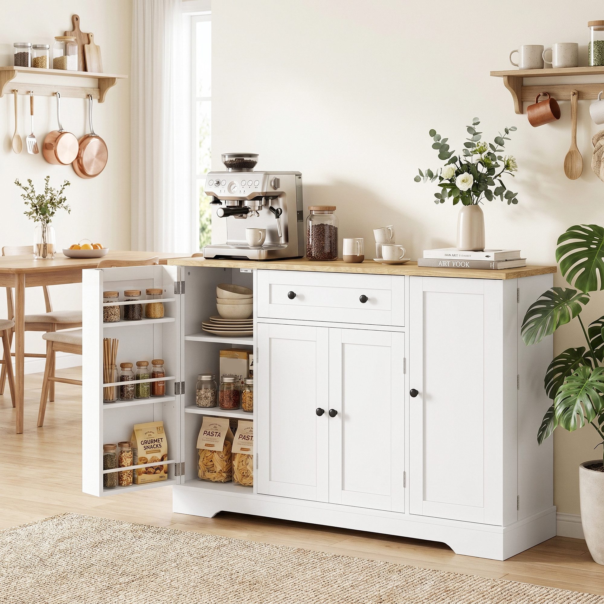 HOMCOM Sideboard Küchenschrank mit Schublade, Verstellbaren Regalen, Türregalen (Aufbewahrungsschrank, 1 St., Buffetschrank), für Küche, Esszimmer, Wohnzimmer, 138 x 40 x 85 cm, Weiß
