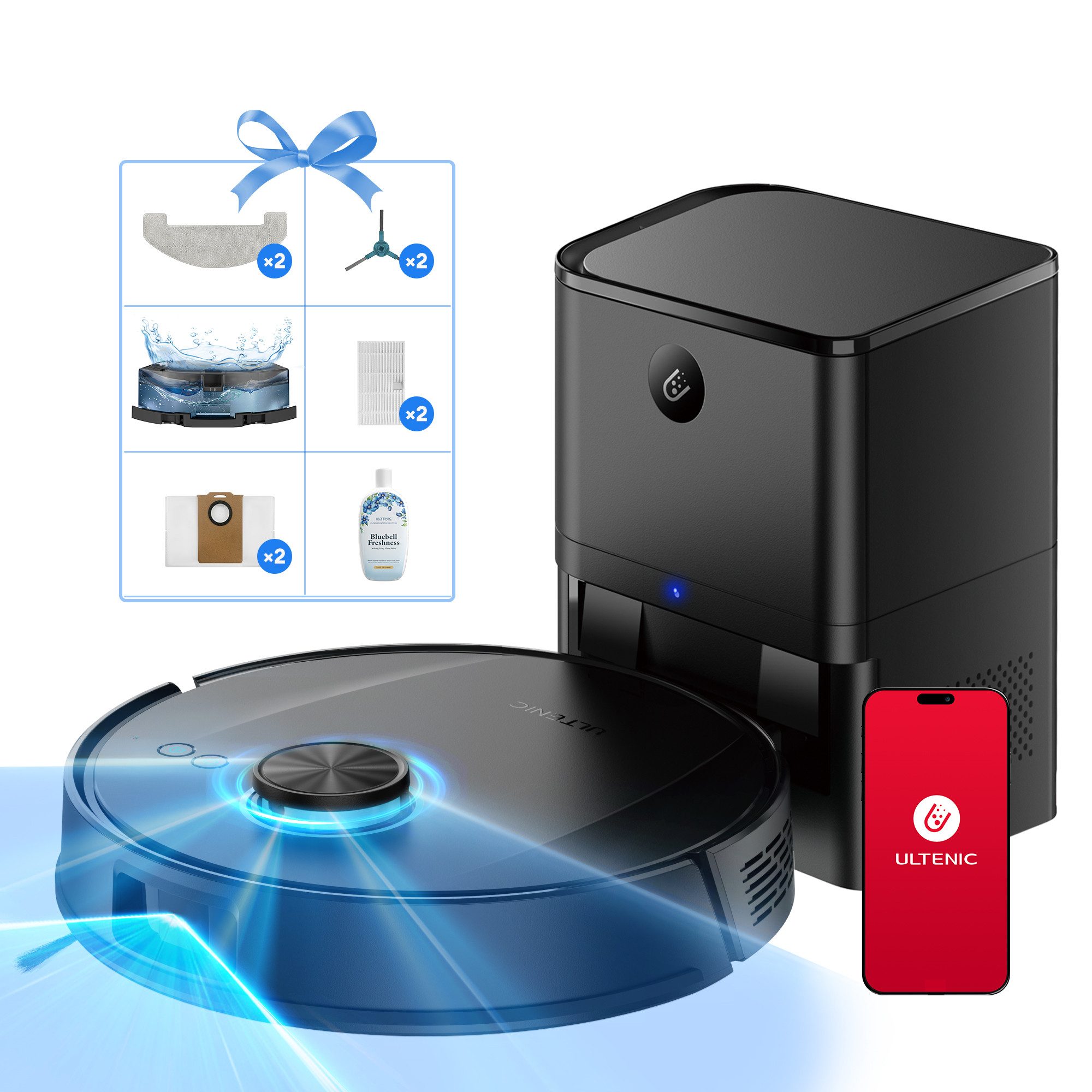 Ultenic Saugroboter TS Lite Plus Saugerroboter, AI-gestützte Laser-Hindernisvermeidung, 40,00 W, mit Beutel, Sprachsteuerung, Automatische Staubauffang- und Ladefunktion