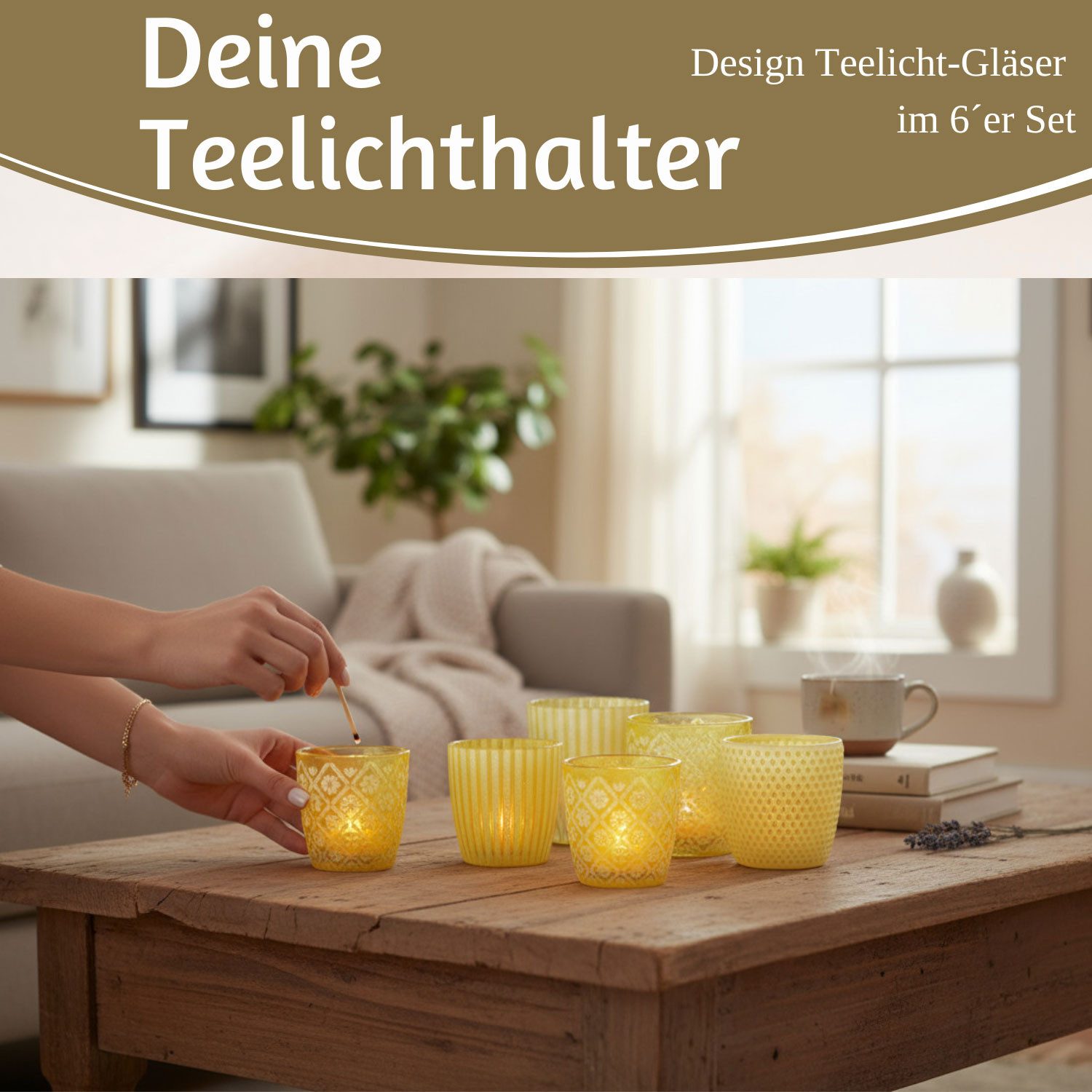 LS-LebenStil Teelichthalter 6x Glas Teelichtgläser Retro Gelb 7-9cm Set Windlicht (6´er Set Kristall Ornament Windlicht für Teelichter, 6 St., Halter Kerzenständer Tischdeko Kerzenhalter Gläser für Teelichter), Deko Hochzeit Ostern Weihnachten Konfirmation