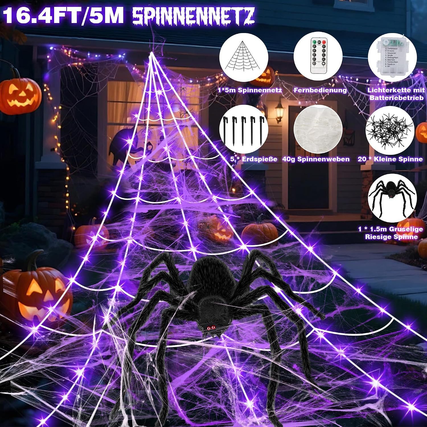 skelo Dekolicht 5M Spinnennetz Halloween Deko Außen, 150 LED mit Fernbedienung & Timer, Dekolicht Halloween, LED fest integriert, Lila Orange, Lila, Riesen Spin – Bild 3 von 5