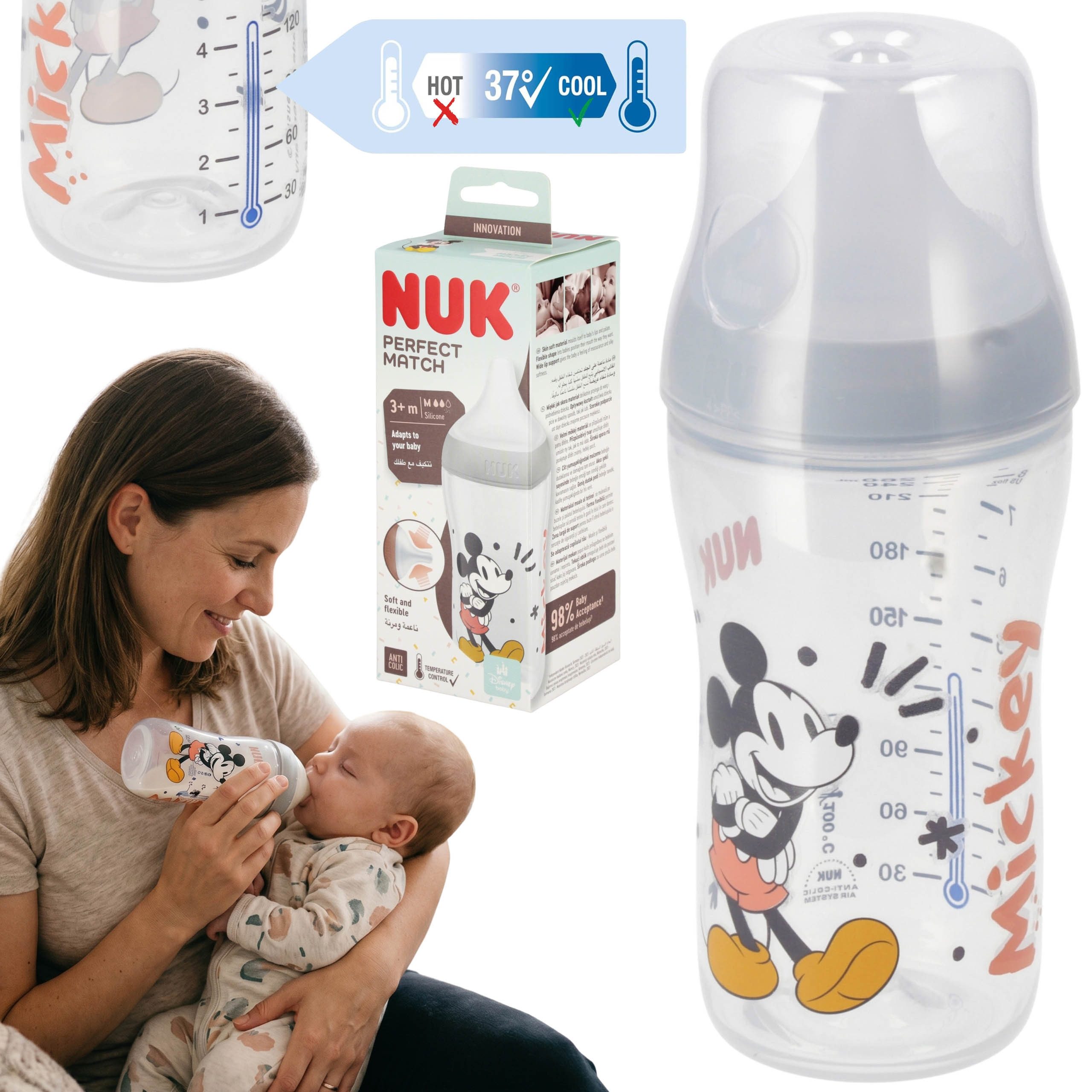 NUK Babyflasche NUK Mickey Mouse Babyflasche 260 ml, Silikon, ab 3 Monaten
