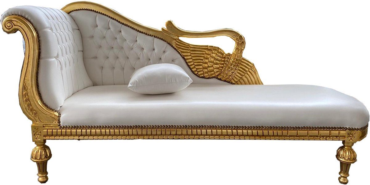 Casa Padrino Chaiselongue Barock Chaiselongue Weiß Lederoptik / Gold - Golden Wings - Antik Stil Möbel