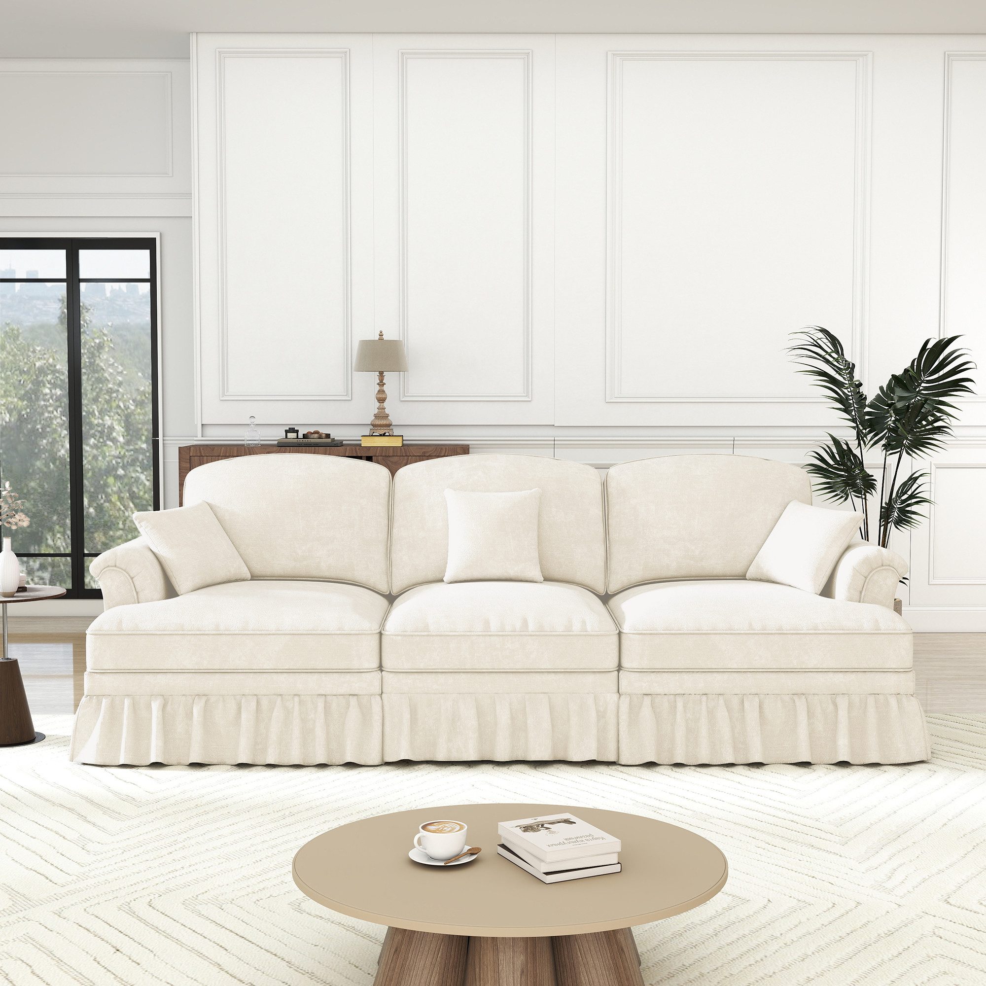Odikalo Big-Sofa Ecksofa mit Schlaffunktion und Volant, Elegantes Mid-Century 2-3-4-5-Sitzer Sofa aus Chenille mit Trichter-Armlehnen, abnehmbarer Rüschenschürze & spindelförmigen Beinen – Komfortables Sofa fürs Wohnzimmer, Mehrfarbig