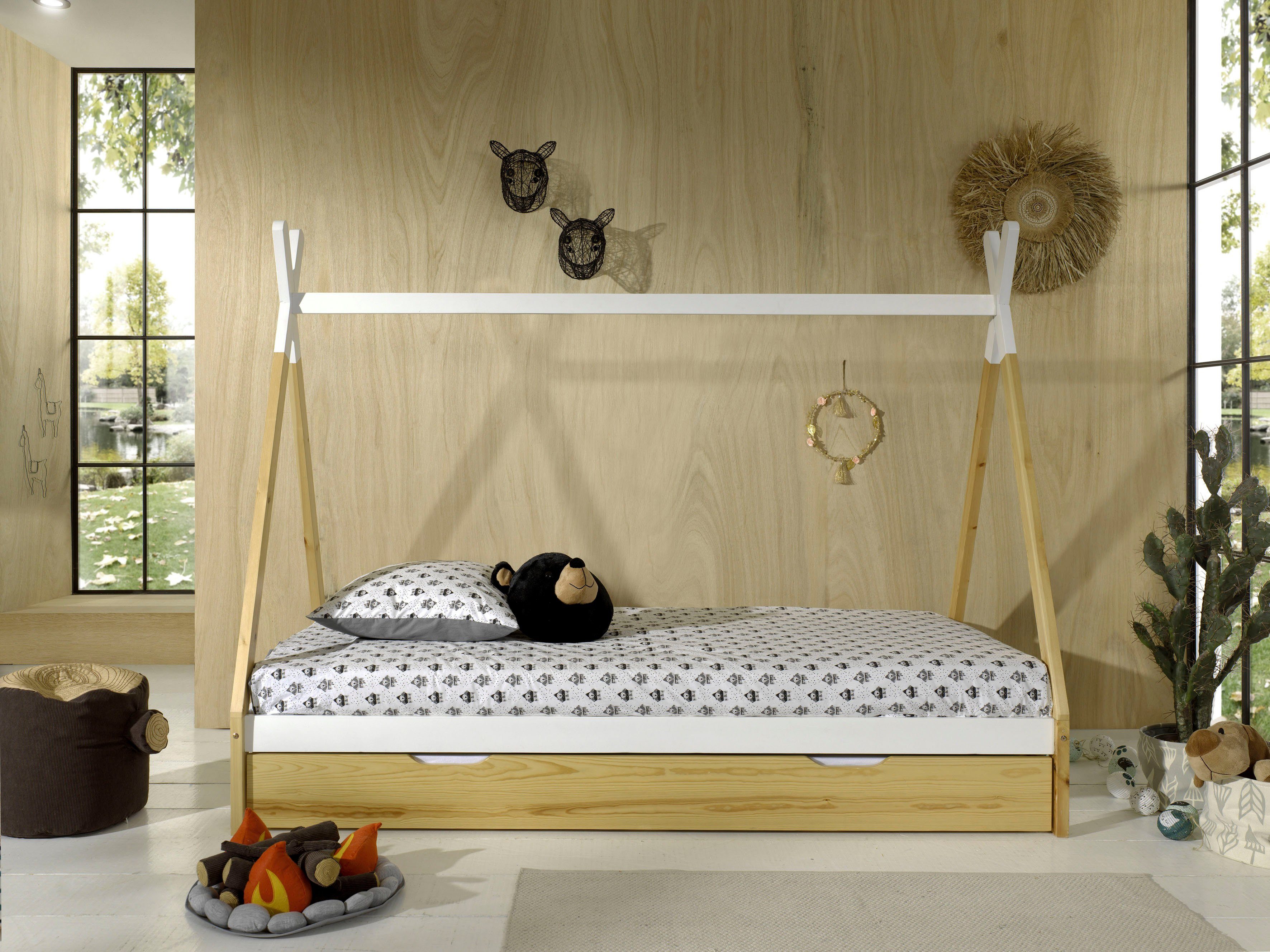 Vipack Kinderbett TIPI, Kiefer massiv, 2-farbig lackiert, mit Rolllattenrost (B/H/T ca. 206x158,2x98cm, Querstange kann hübsch dekoriert werden), 90/200, wahlweise mit oder ohne Schublade