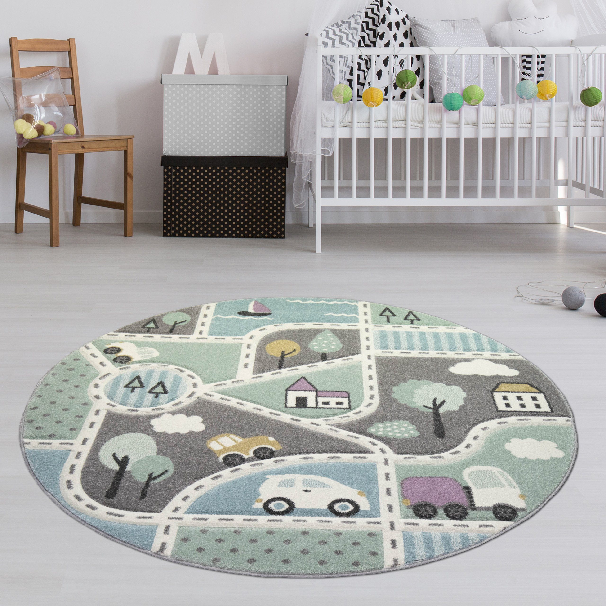 TeppichHome24 Kinderteppich Kinderteppich Straßenteppich Junge mit Straßen und Autos blau grün, Rund, Höhe: 15 mm
