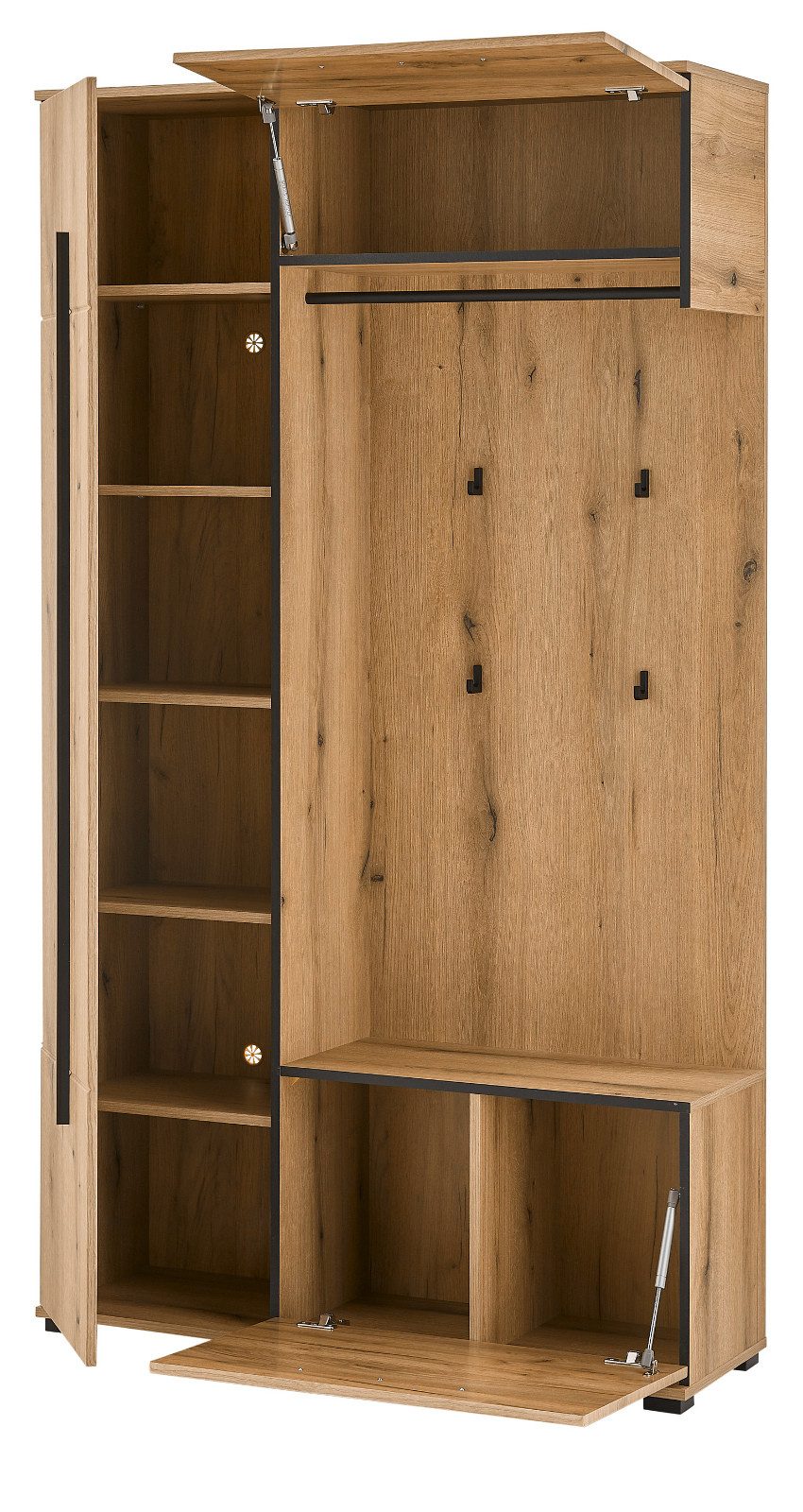 Furn.Design Kompaktgarderobe Design-D (Garderobe Komplett-Set in Evoke Eiche, 111 x 200 cm) viel Stauraum auf wenig Fläche, mit Soft-Close