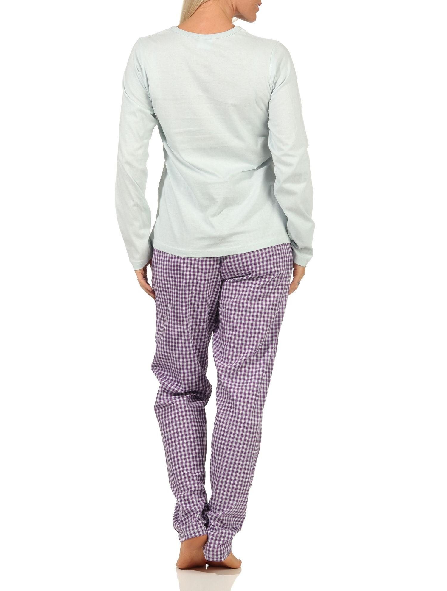 RELAX by Normann Pyjama Damen langarm Schlafanzug mit Schriftzug und karierter Hose - 66536