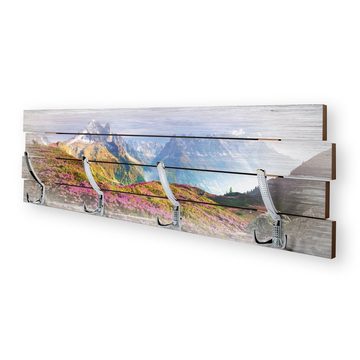 Kreative Feder Wandgarderobe Wandgarderobe "Alpen" aus Holz, im Shabby-Chic-Design farbig bedruckt ca. 30x100cm 4 Doppel-Haken