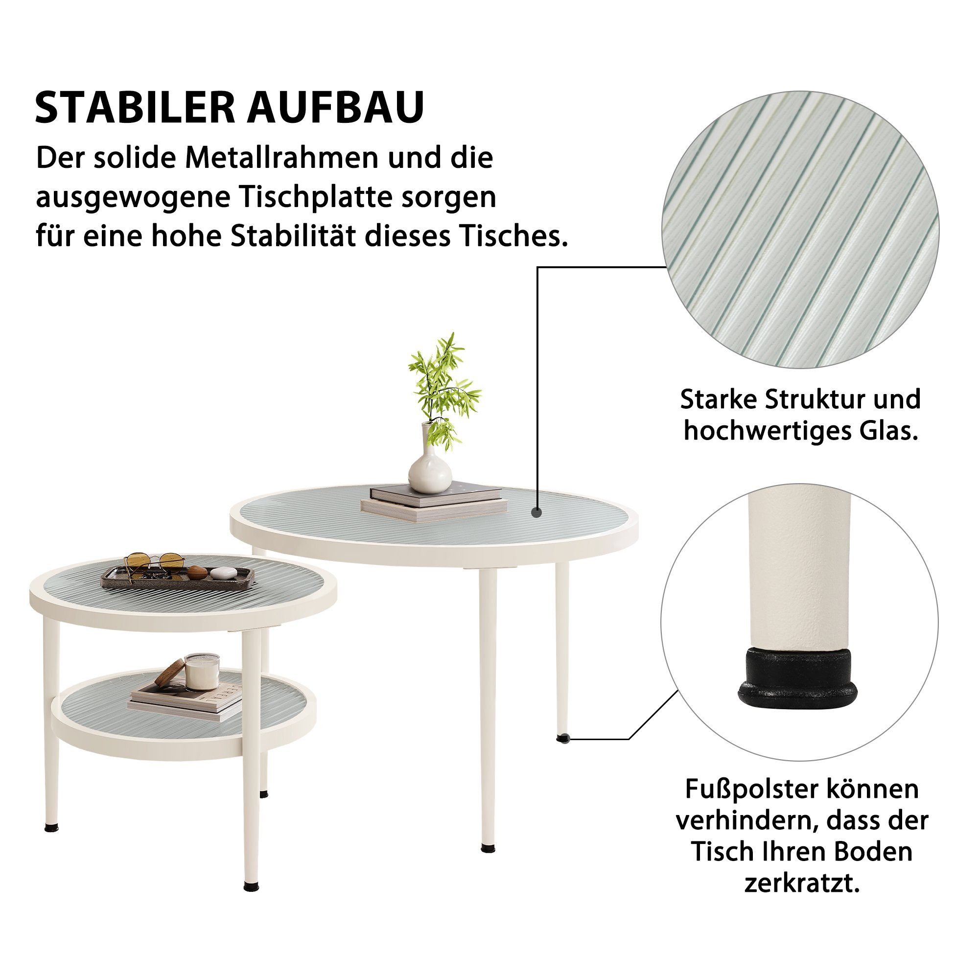 WISHDOR Anordnung, Couchtisch Flexible Wasserwellen-Glasplatte Lackierung, (Cremeweiße 2-St),