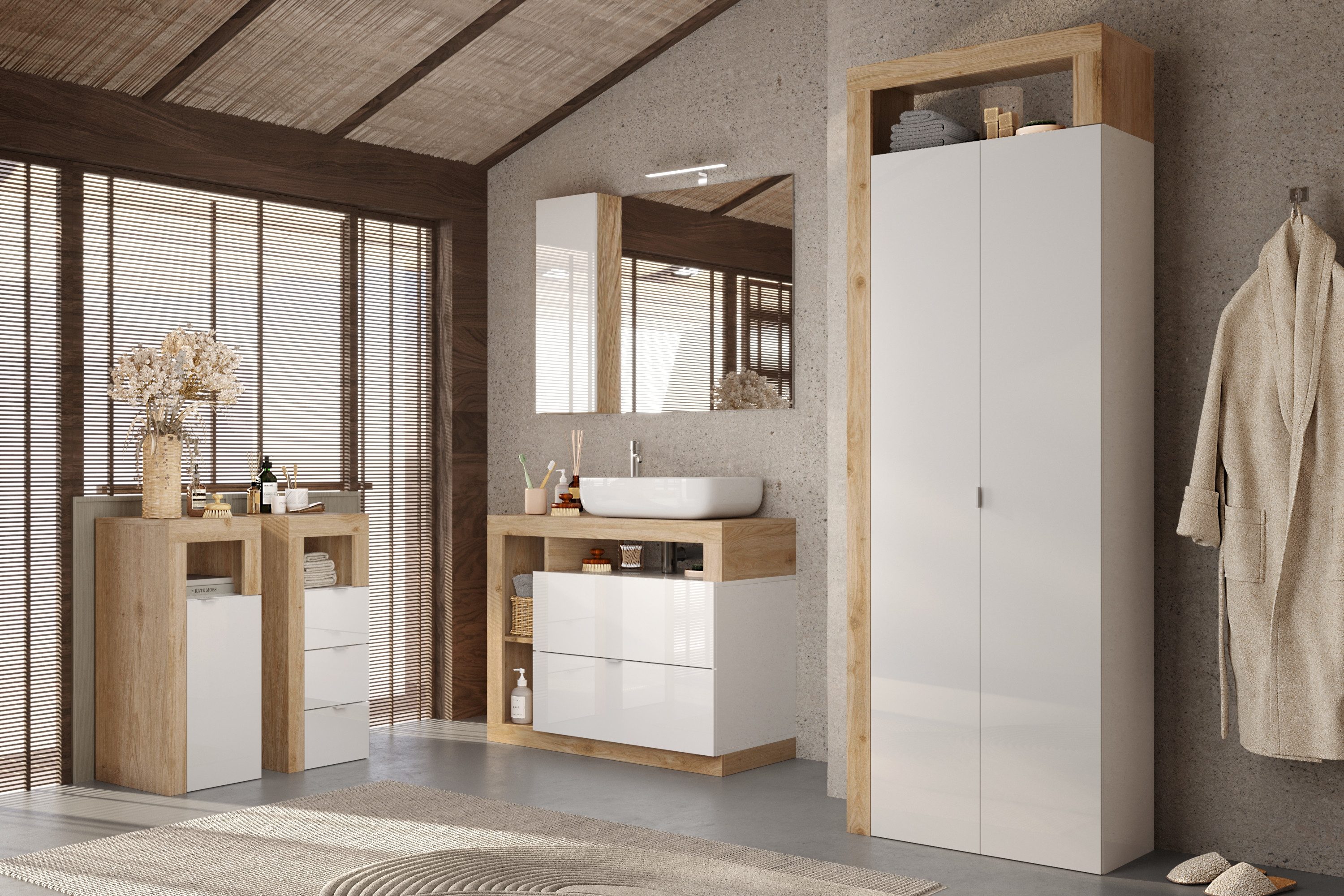 welltime Unterschrank Hamburg Höhe 78 cm, Breite 35 cm, Badkommode mit 1 Tür, Badezimmerschrank, dekorativer Rahmen, offenes Fach, Metallgriff – Bild 2 von 3