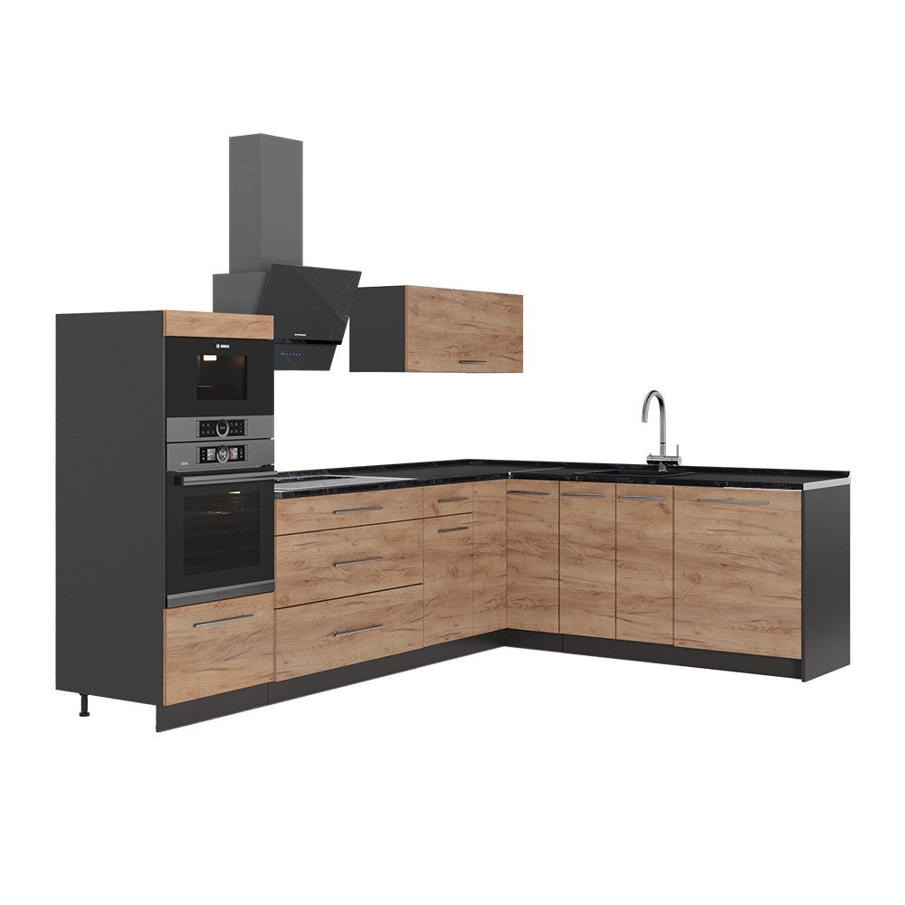 Vicco Winkelküche Fame-Line, Goldkraft Eiche/Anthrazit, 287 x 60 cm, AP Anthrazit