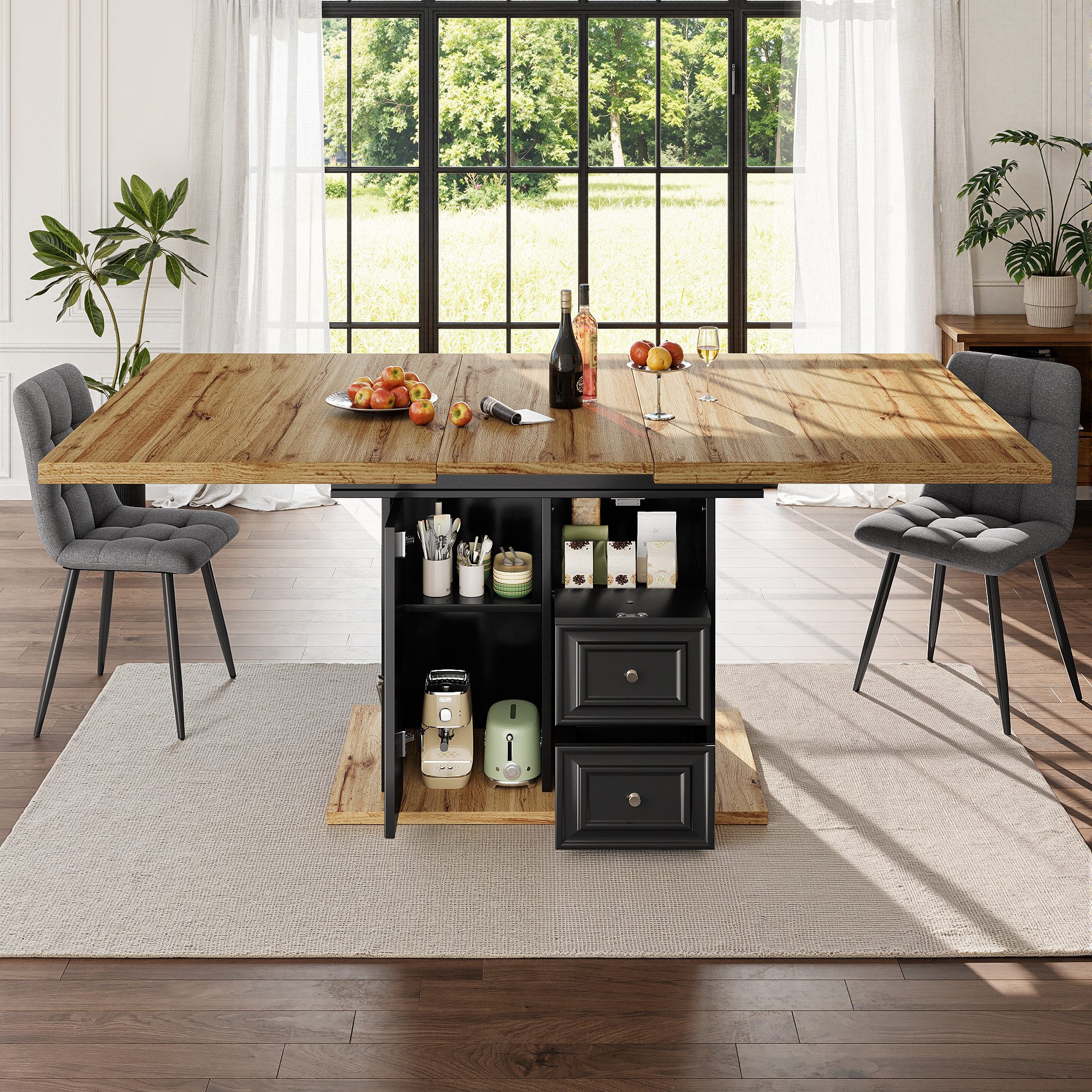 Flieks Esstisch ausziehbar (erweiterbare Tischplatte in Holzoptik, Länge110-140x80x75 cm, 1-St., 1 Tisch), rechteckiger Küchentisch mit 2 Schubladen und Türen Schreibtisch