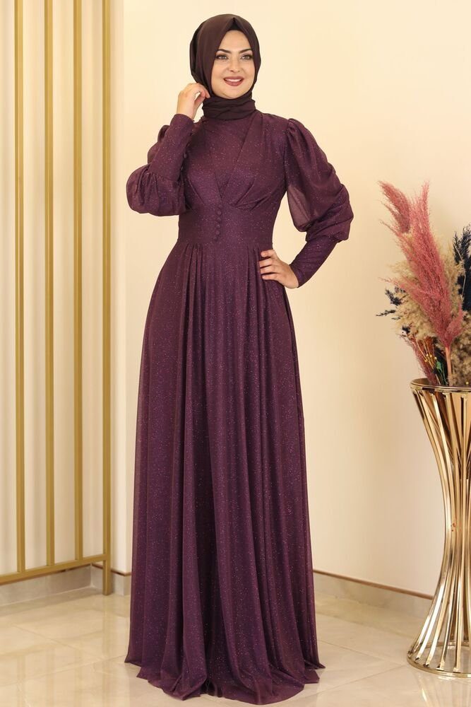 aus Abendkleid Modest Damen Modavitrini Hijab Fashion Abiye Violett Abaya Kleid Tüllstoff Tüllkleid silbrigem