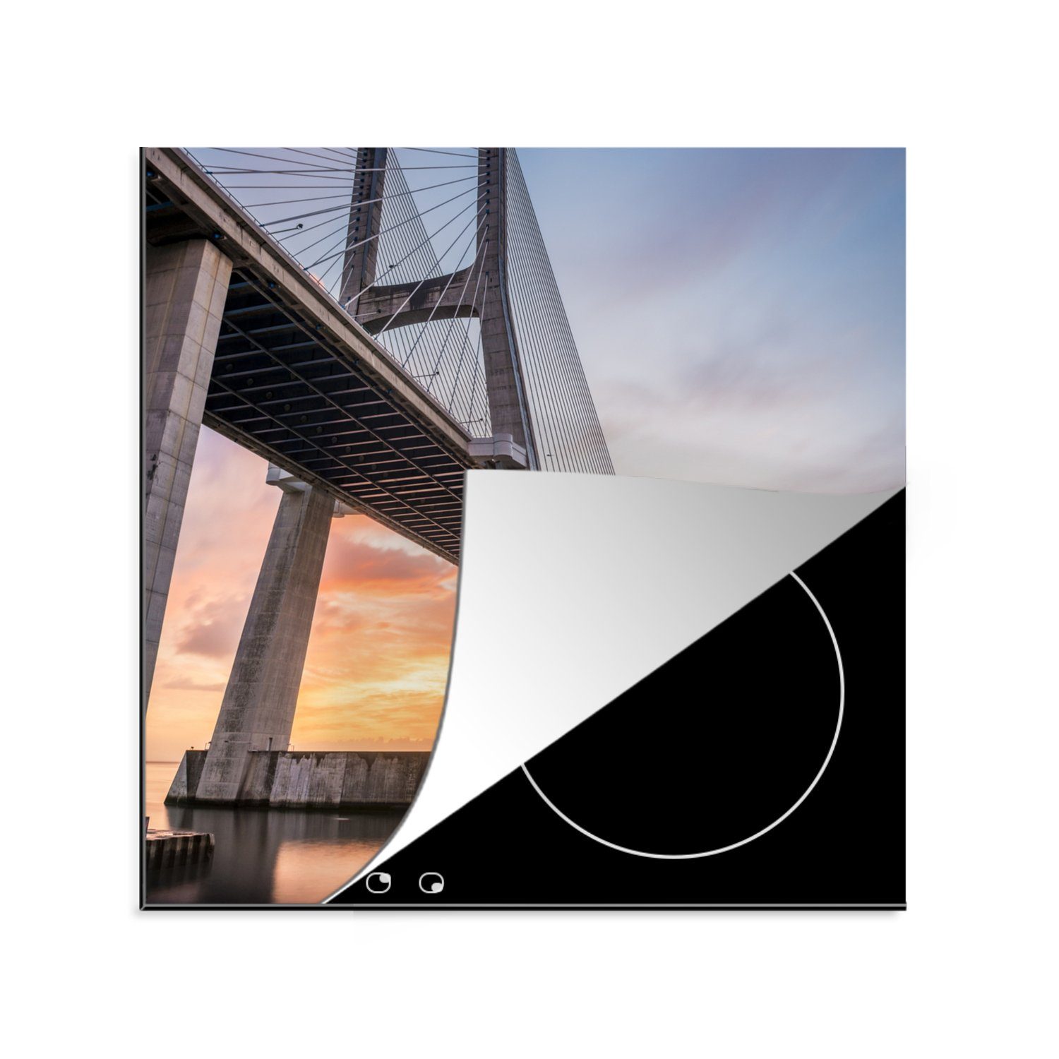 MuchoWow Herdblende-/Abdeckplatte Lissabon - Brücke - Sonnenuntergang, Vinyl, (1 tlg), 78x78 cm, Ceranfeldabdeckung, Arbeitsplatte für küche