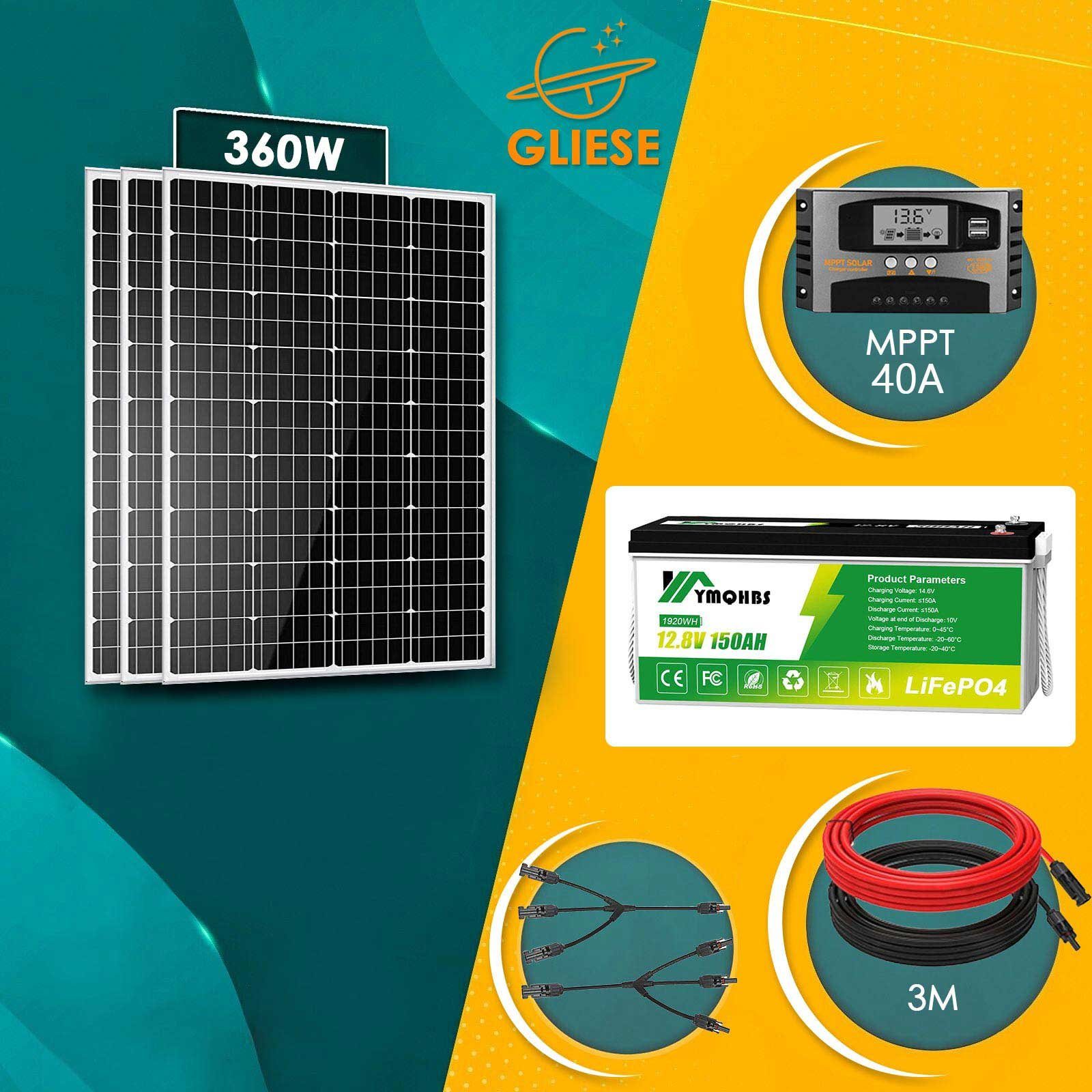 GLIESE Solarmodul 360W Solarpanel Kit 40A MPPT Laderegler 150Ah LiFePO4 Akku, 360,00 W, Monokristallin, (Solarpanel, LiFePO4 Akku, MPPT Solar Laderegler, 10AWG Solarkabel)