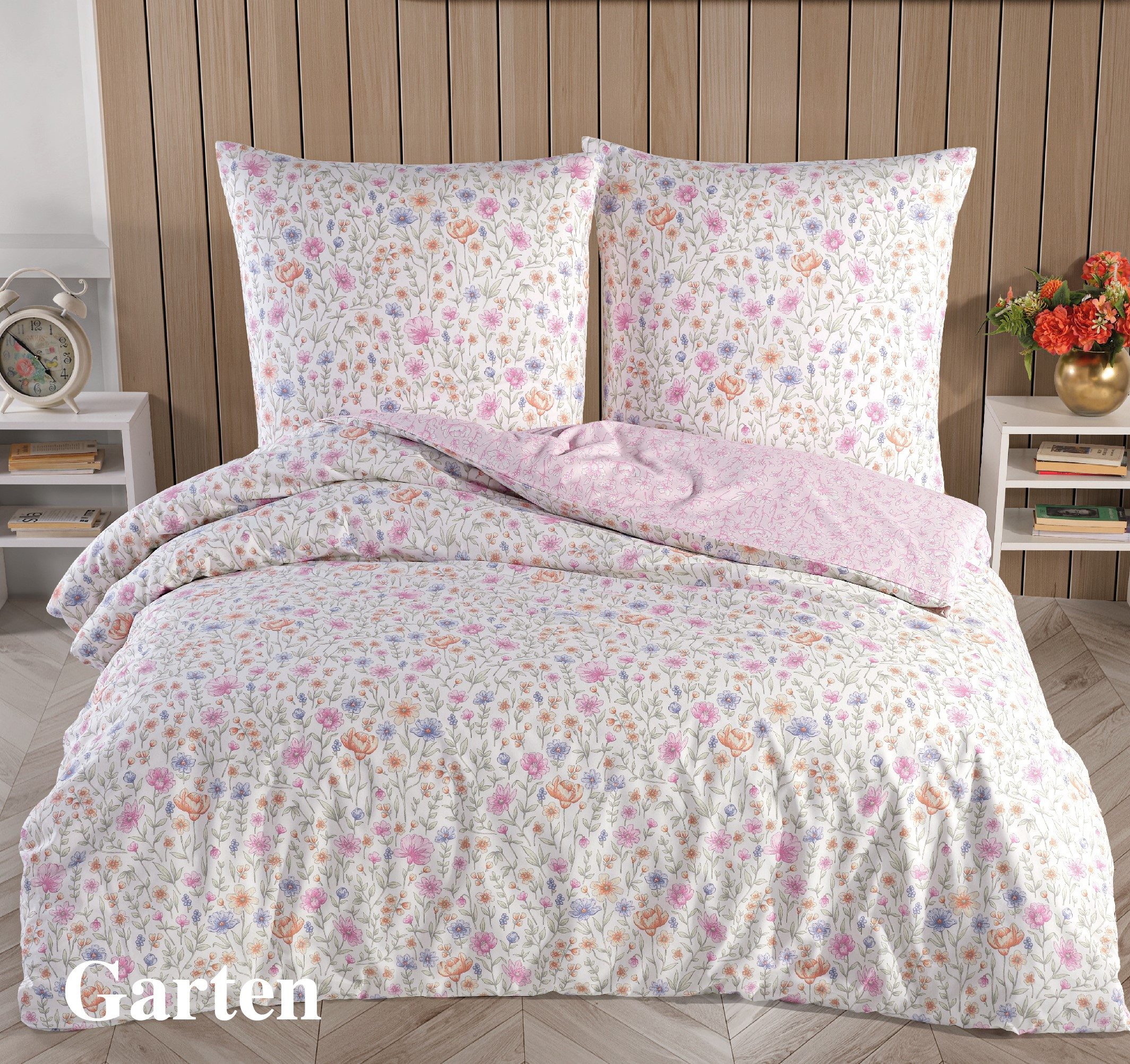 Leonado Vicenti Wendebettwäsche 200x200 Bezug 80x80 Doppel Kissen Hochwertige Polycotton Rosa Blumen, Renforcé, 3 teilig, mit verdecktem Reißverschluss, Wendebettwäsche