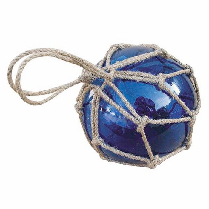 Linoows Dekoobjekt Fischernetz Kugel Fischerkugel aus Glas im Netz Blau 15 cm im Jutenetz eingewoben