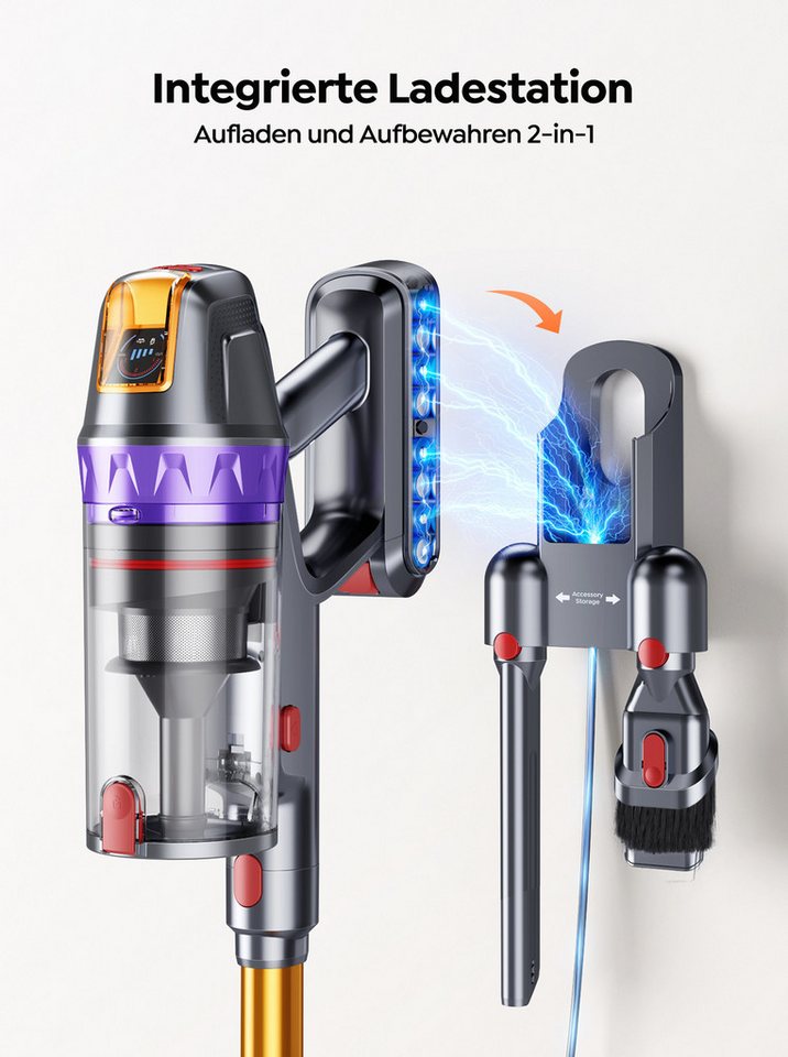Buture Akku-Hand-und Stielstaubsauger 85000Pa Akkustaubsauger, 750 W Akku Staubsauger, Akkusauger Kabelloser, 85 kPa, 60 Minuten Laufzeit, Abnehmbarer Akku