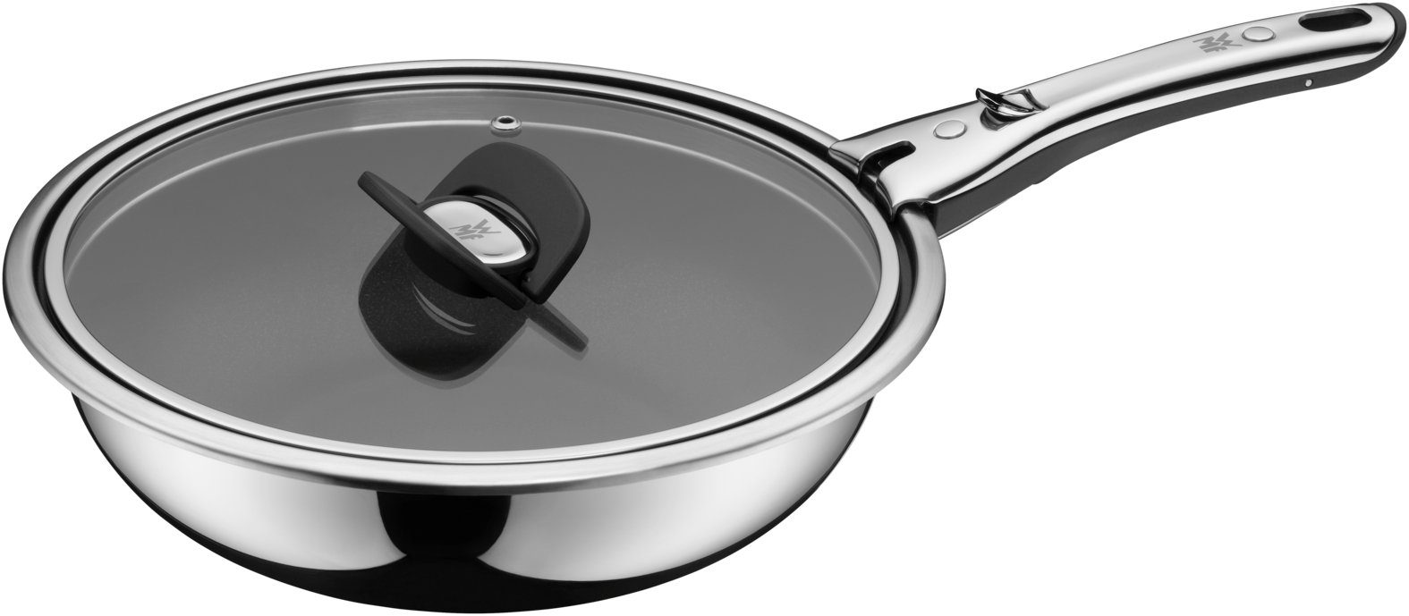 WMF Wok Click&Serve Wok, 26 cm, Cromargan Edelstahl rostfrei 18/10 (26 cm beschichtet ohne Griff, 1-tlg., optimal für Herdplatten mit Ø 22 cm), 360°-Rundumbefestigung, tropffreies Ausgießen, TransTherm-Allherdboden