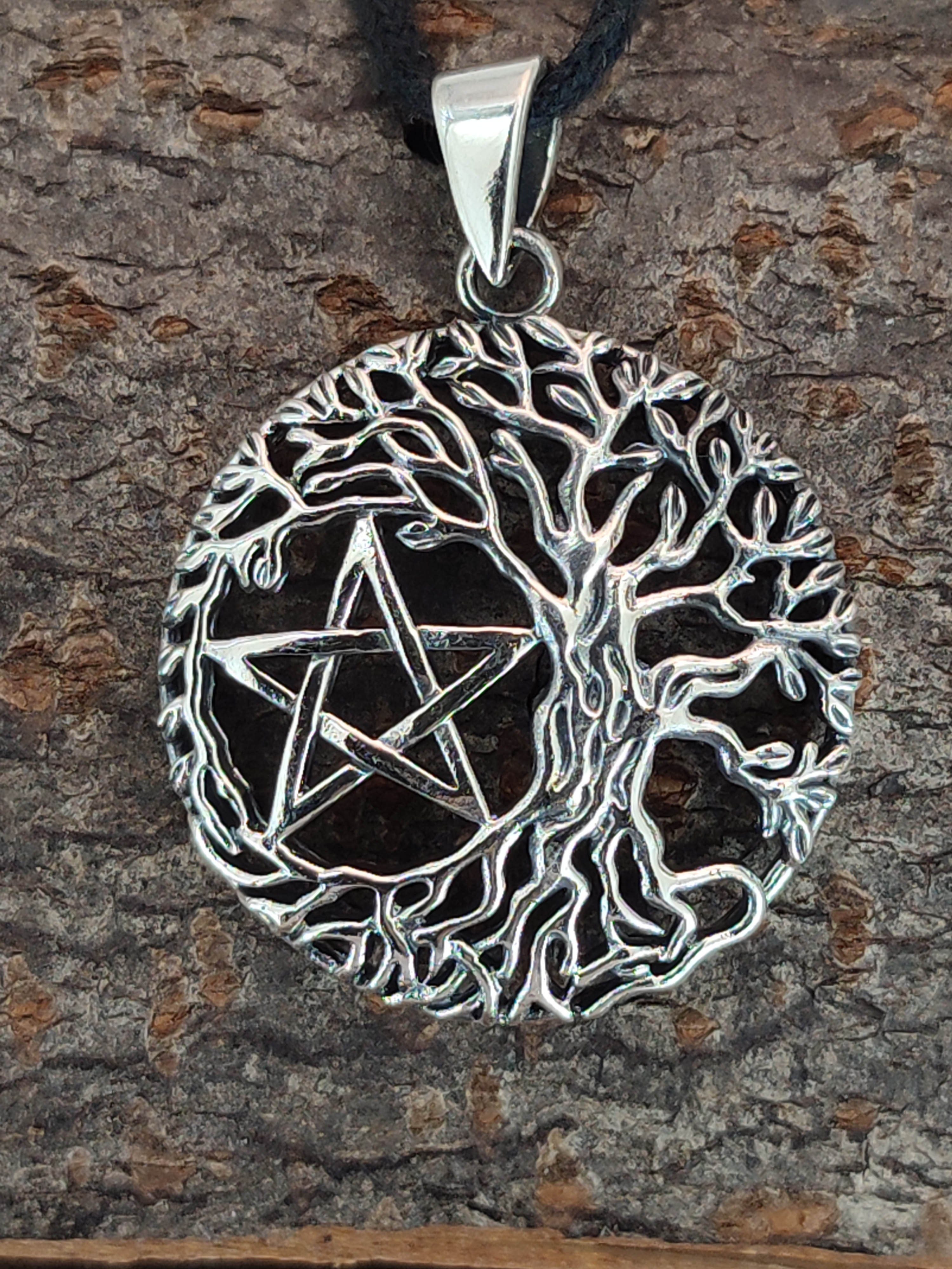 Baum 925 Silber Pentagramm Leather Kettenanhänger Kiss Weltenbaum Yggdrasil Lebensbaum of