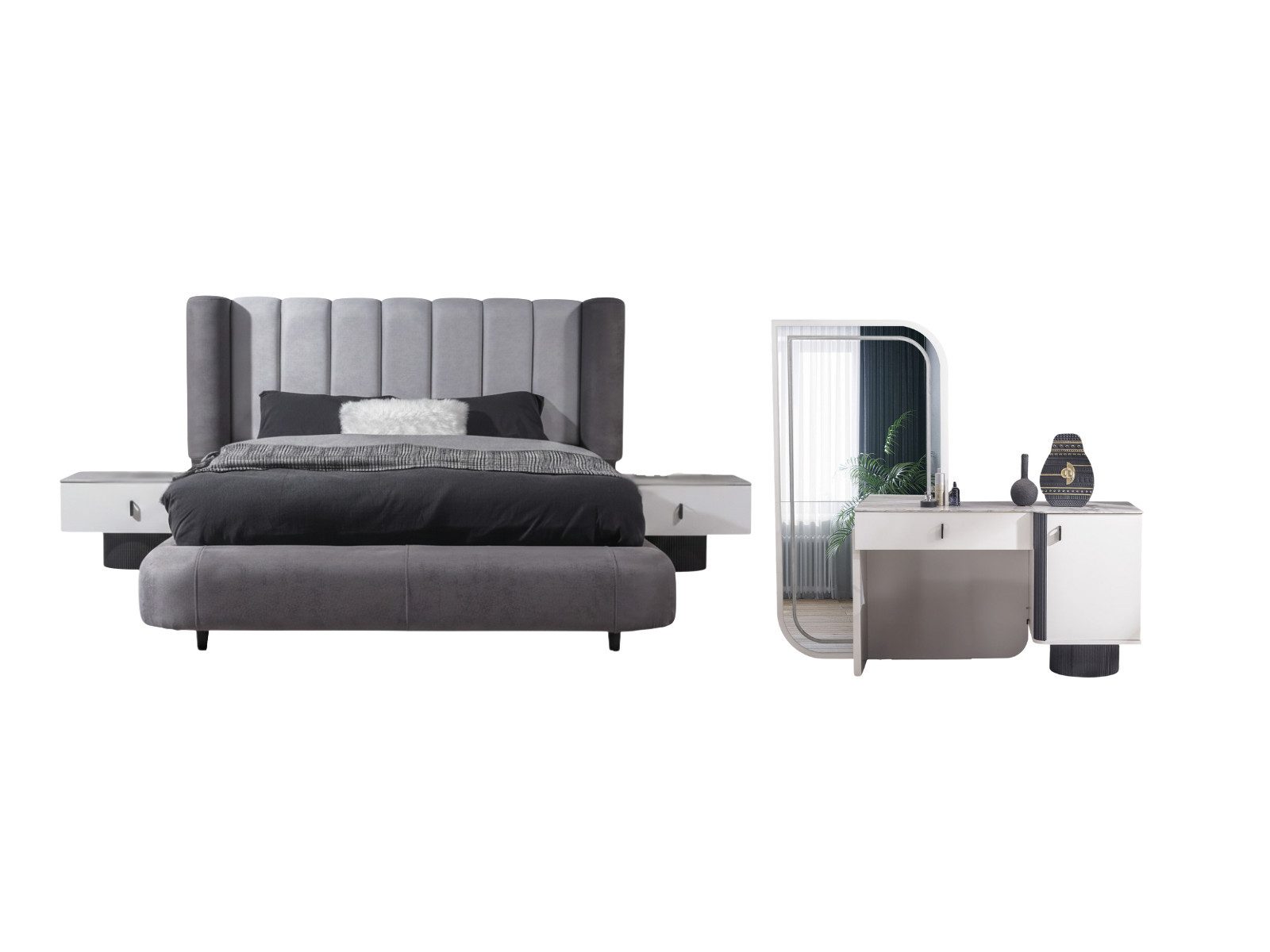 Villa Möbel Schlafzimmer-Set Schlafzimmer-Set-Barcelona-Alb, (Schlafzimmer-Set, 4-tlg., Bett + 2 Nachttische + Kommode), Polsterbett mit Stoffbezug wirkt harmonisch und bequem