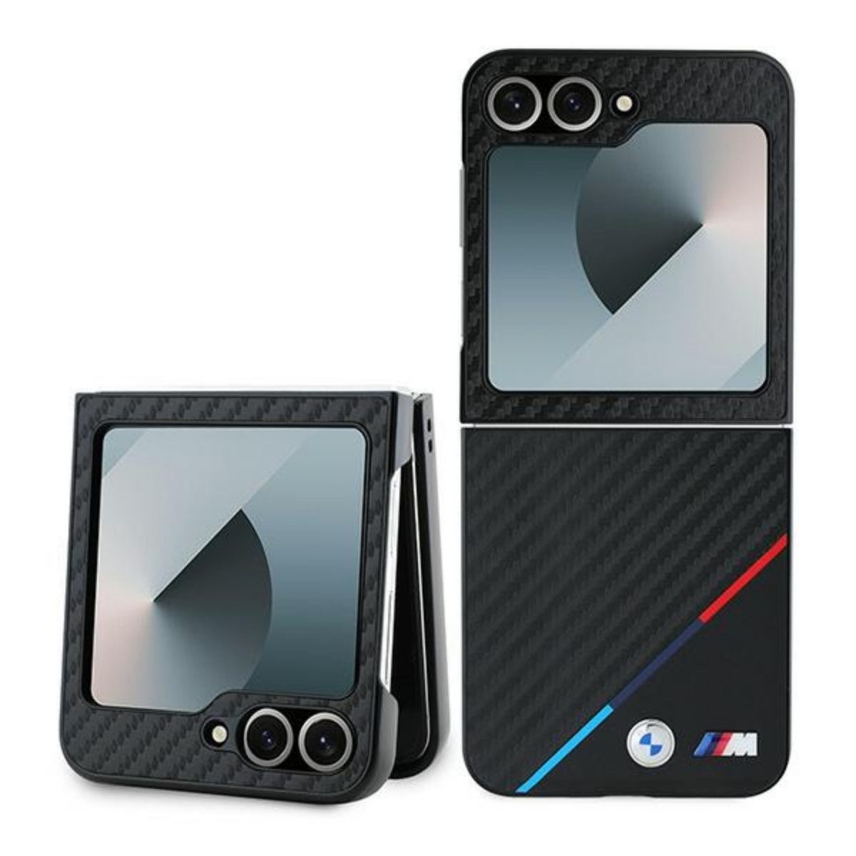 BMW Handyhülle Carbon Tricolor Case Kompatibel mit Galaxy Z Flip 6 Schwarz 6,7, Zweiteiliges Carbon Case mit Tricolor Akzent für faltbare Smartphones