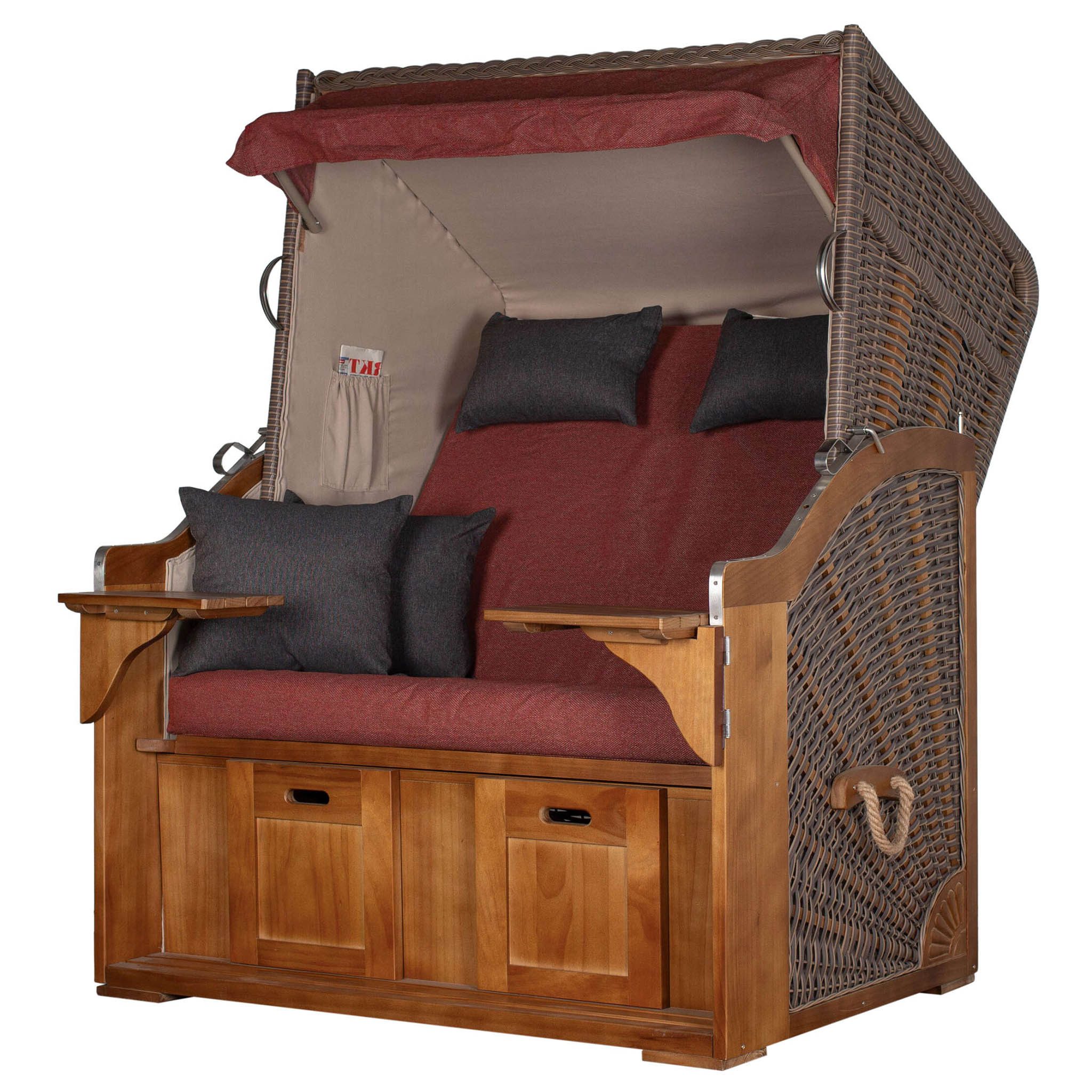 bene living Strandkorb Schleswig Pinie 2-Sitzer - PE mokka - Modell 566, BxTxH: 120x80x160 cm, Volllieger, Ostsee-Strandkorb, (Strandkorb-Komplettset, 4-tlg., Strandkorb, Schutzhülle, Doppellenkrollen und Glas-/Becherhalter), inkl. Windschutzfolie, Bistrotischen und bequemer Polsterung