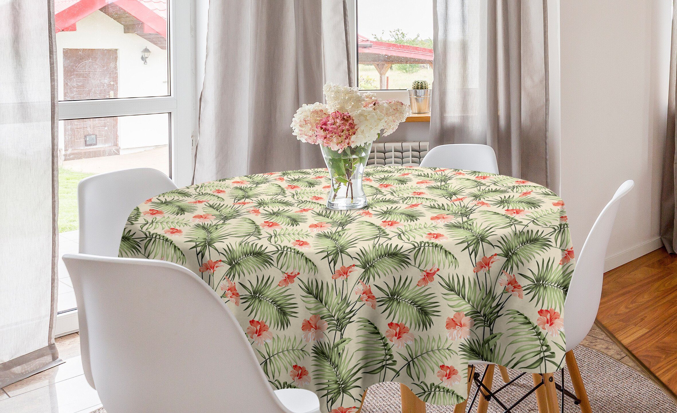 Abakuhaus Tischdecke Kreis Tischdecke Abdeckung für Esszimmer Küche Dekoration, Blatt Hawaiianischen Aloha Hibiscus