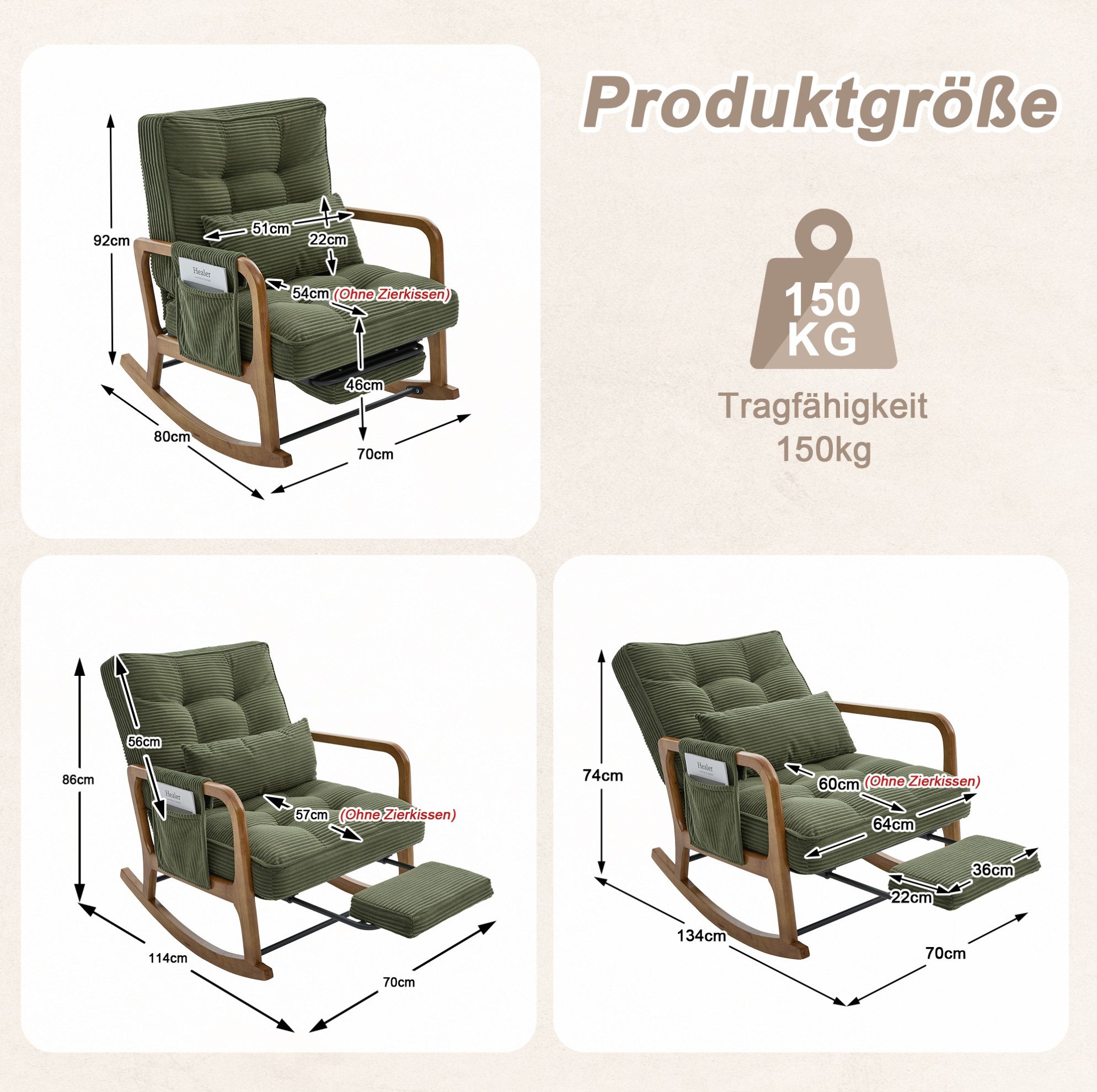 OKWISH Loungesessel Schaukelstuhl (mit verstellbarer Lehne, Fußstütze und praktischen Seitentaschen), Relaxsessel Polstersessel