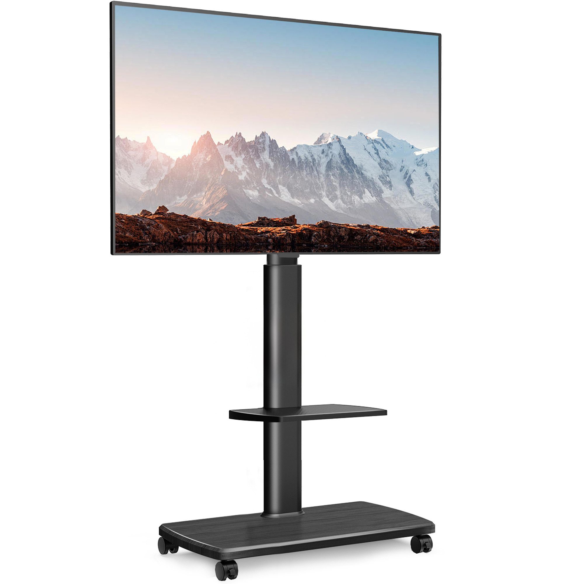 FITUEYES TV-Ständer mit Rollen, Ablage, 32-70 Zoll, (bis 70,00 Zoll, höhenverstellbar, ±30° schwenkbar, Holzbasis)