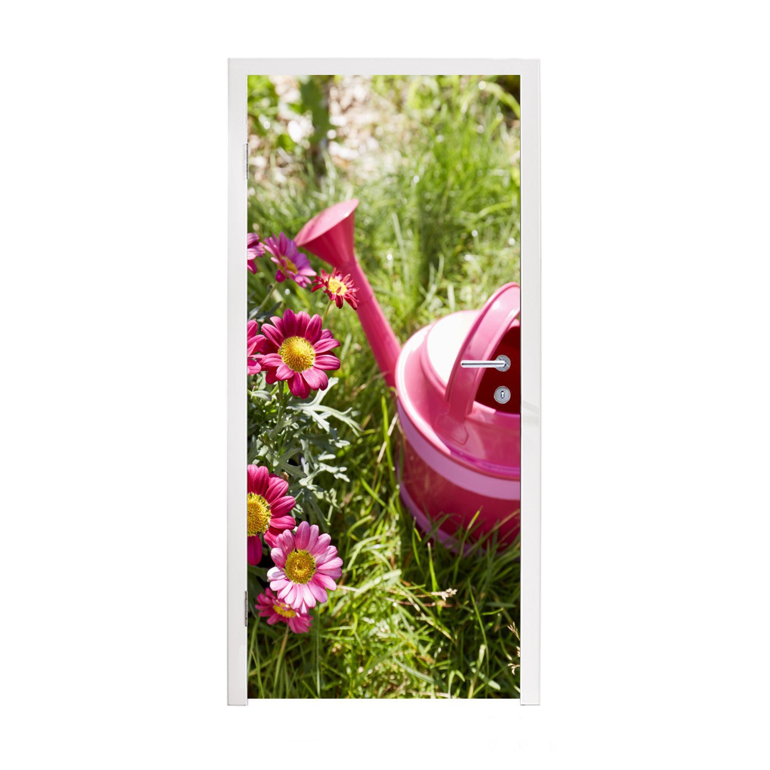 MuchoWow Türtapete Blumen - Gießkanne - Rosa, Matt, bedruckt, (1 St), Fototapete für Tür, Türaufkleber, 75x205 cm