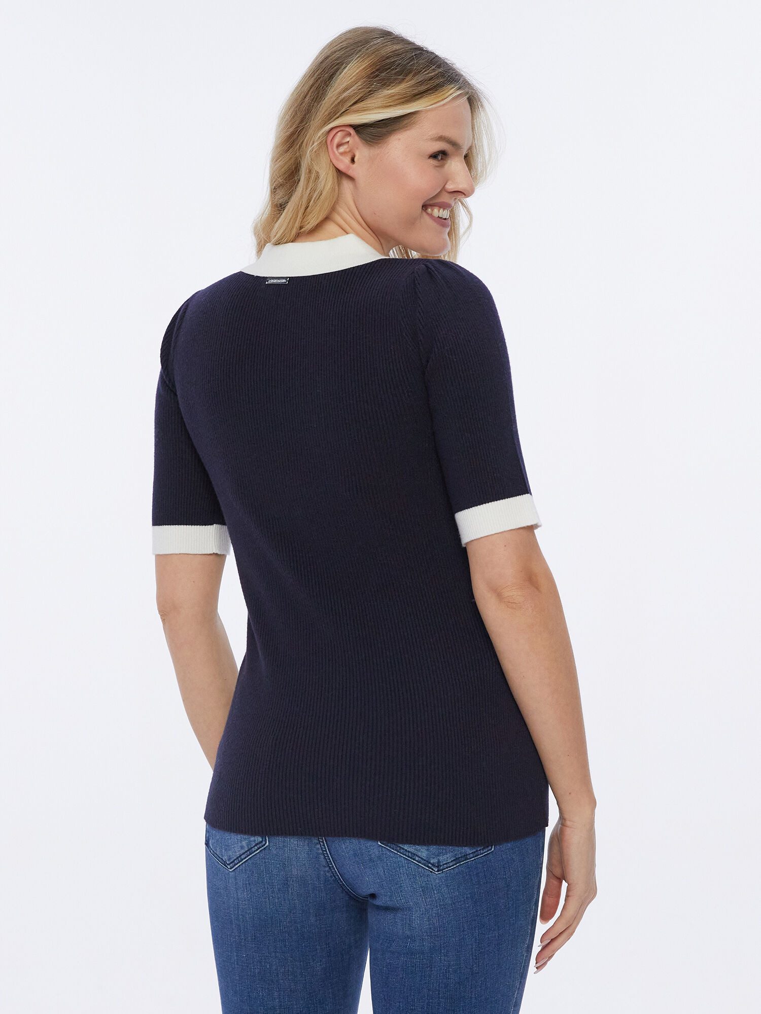 Sarah Kern Strickpullover Halbarm Pullover figurbetont mit weißem Hemdkrage günstig online kaufen