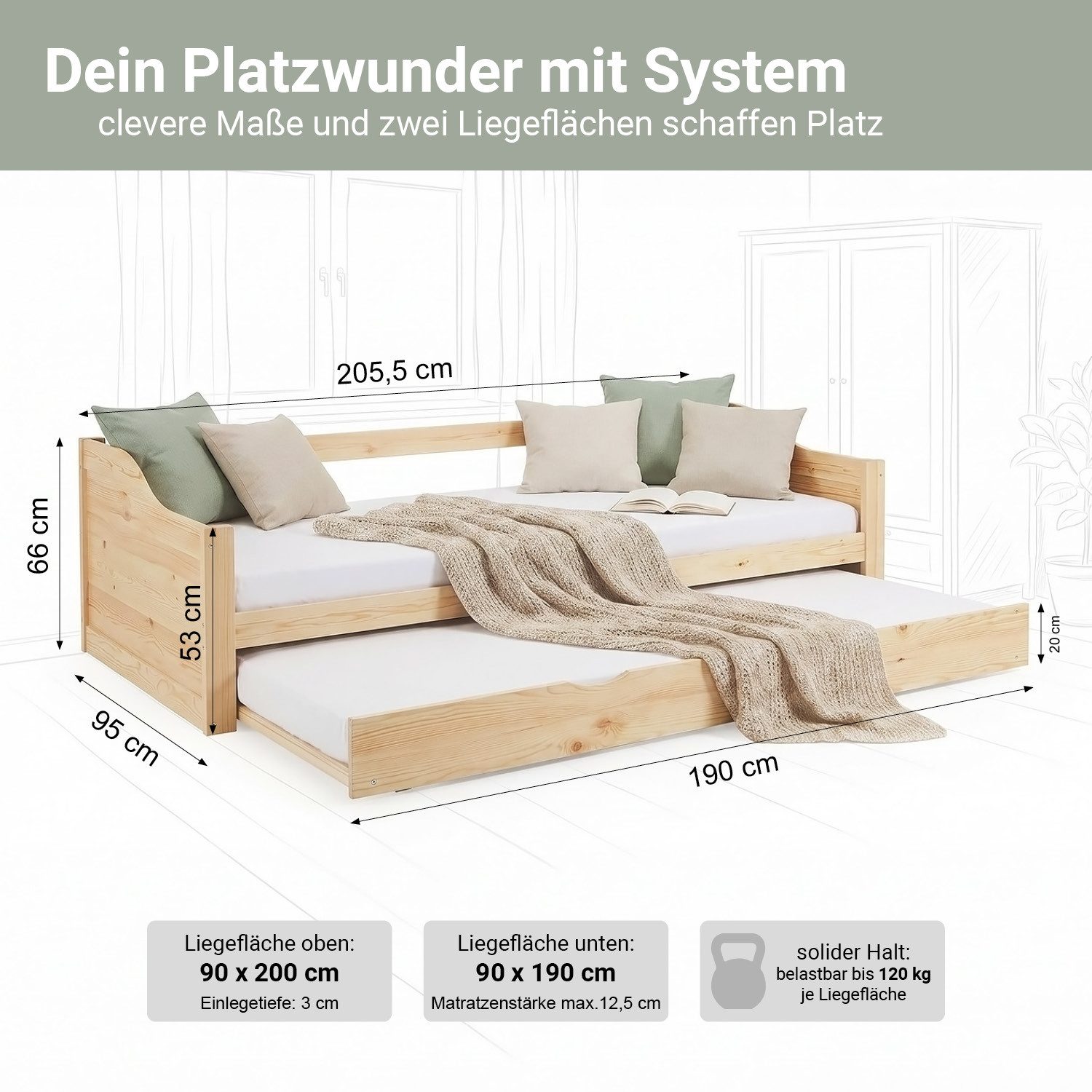 Homestyle4u Ausziehbett 90x200 Holz Gästebett mit Ausziehfunktion 2 Liegeflächen Doppelbett (Set mit 2x Lattenrost), oben: 90x200 unten: 90x190, 2 Personen/Kinder, Stauraumbett