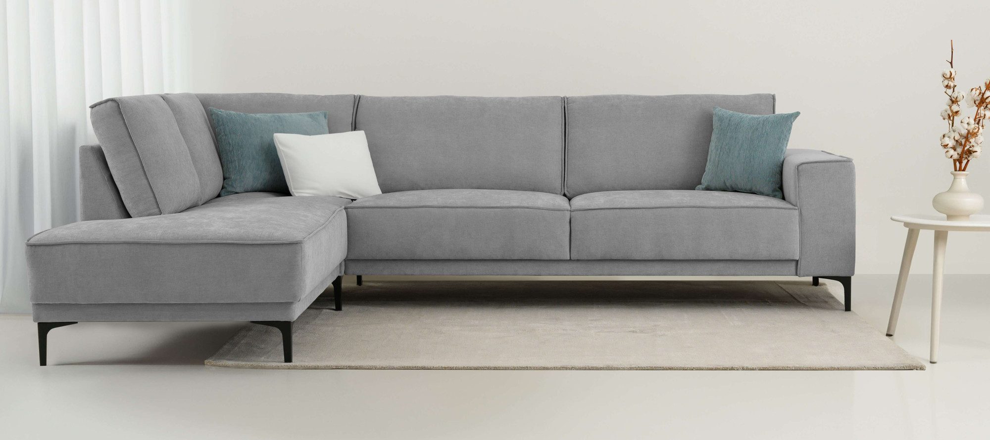 Places of Style Ecksofa Polsterecke Oland, Struktur, Flachgewebe, Luxus-Microfaser, Boucle, L-Form, 289 cm, Wellenunterfederung, Skandi-Design, Metallfüße