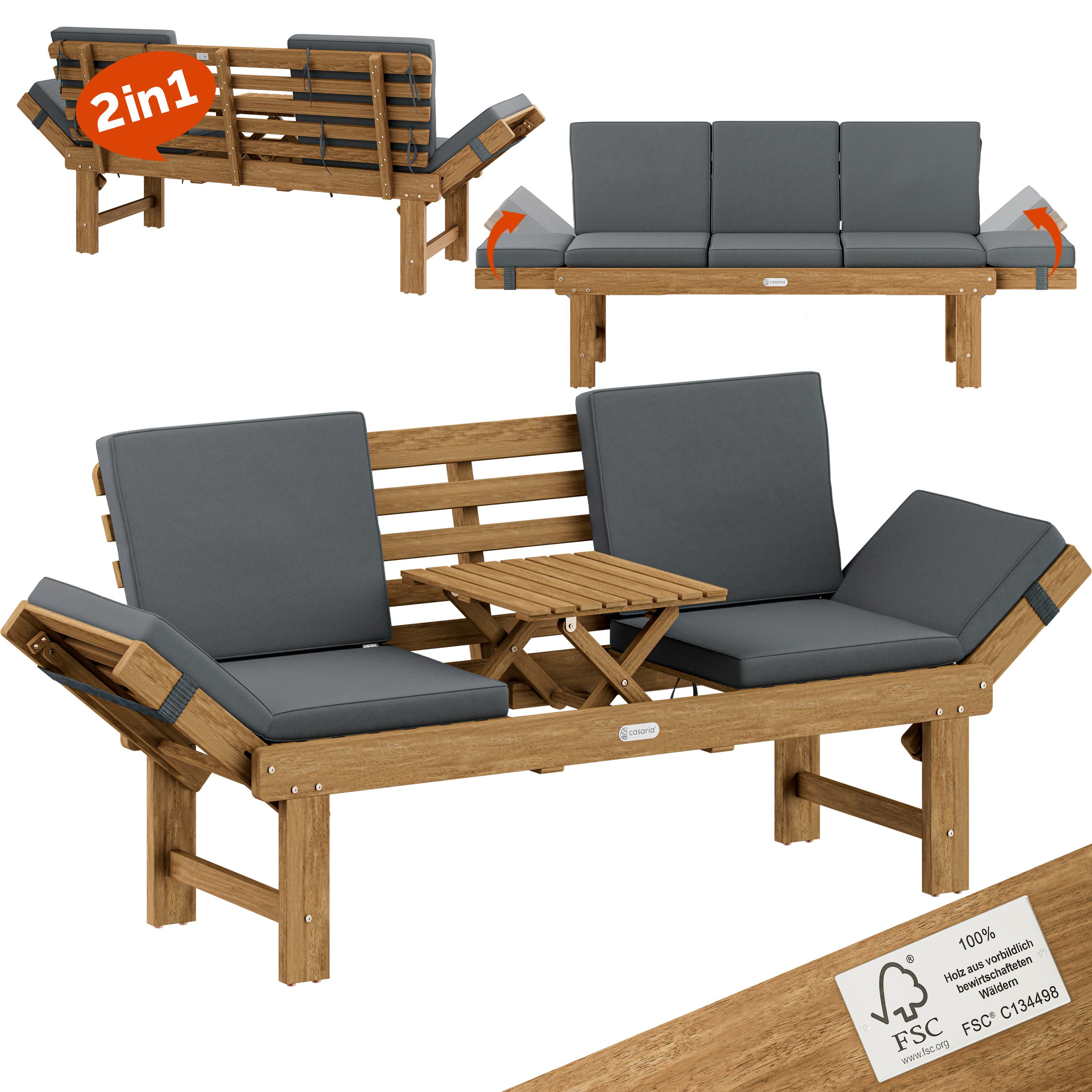 Casaria Gartenbank, Wetterfest Holz mit Tisch 200x50cm Klappbar 320kg
