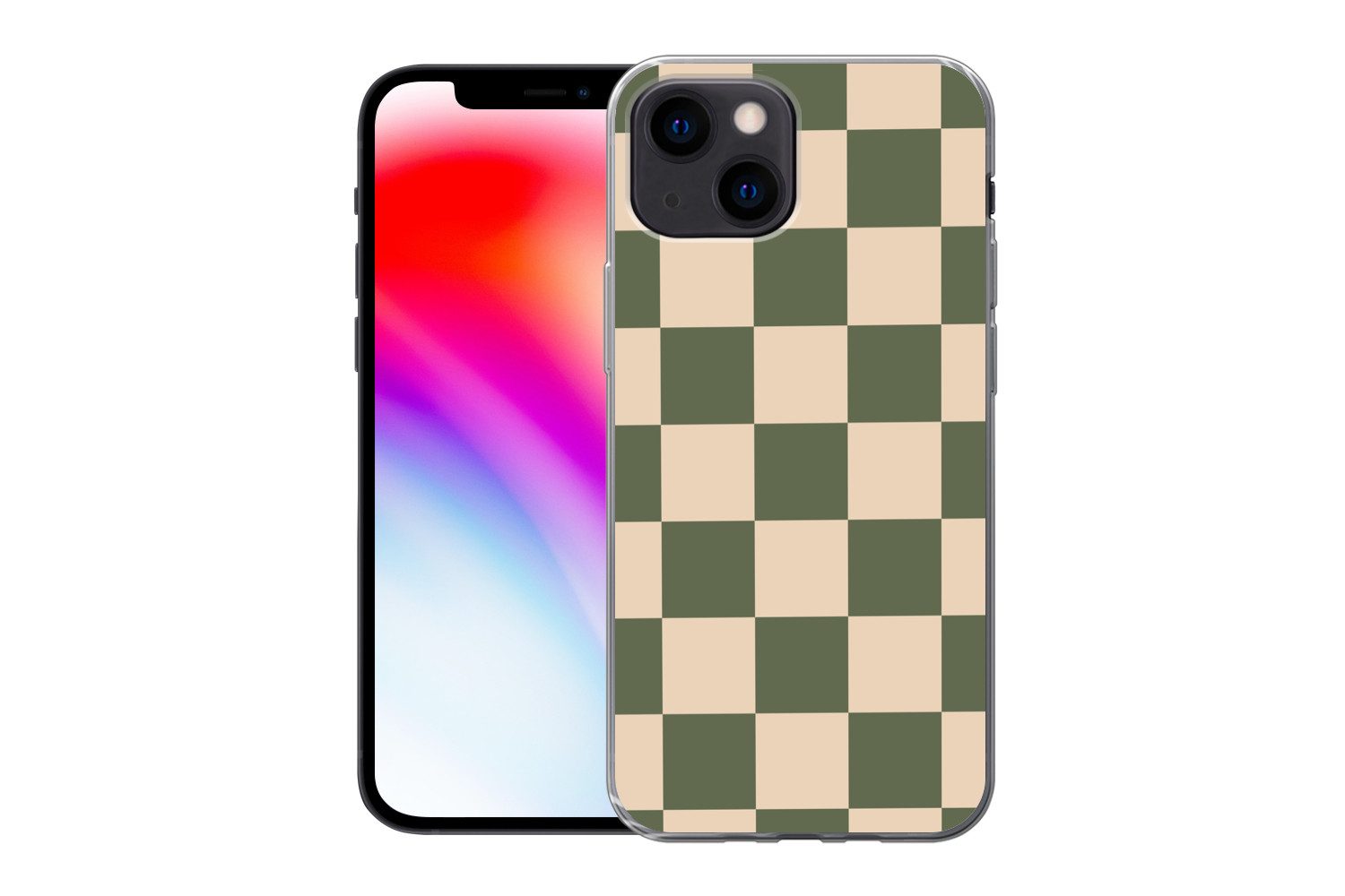 MuchoWow Handyhülle für Apple iPhone 13 mini Schachbrettmuster - Grün - Beige - Blöcke, Smartphone-Bumper, Print, Handy Schutzhülle Dünn