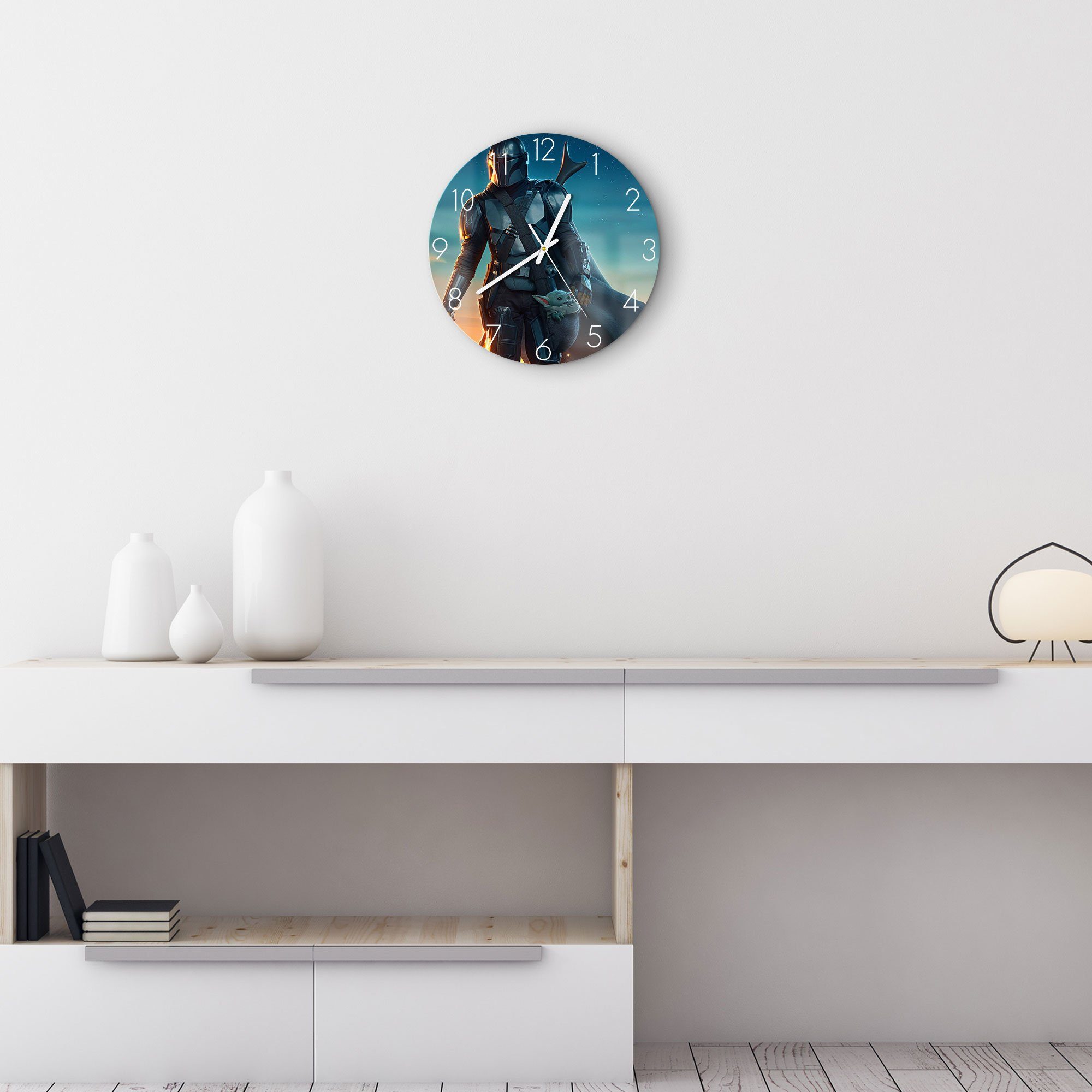 DEQORI Wanduhr 'Mandalorian und Baby Yoda' (Glas Glasuhr modern Wand Uhr Design Küchenuhr)